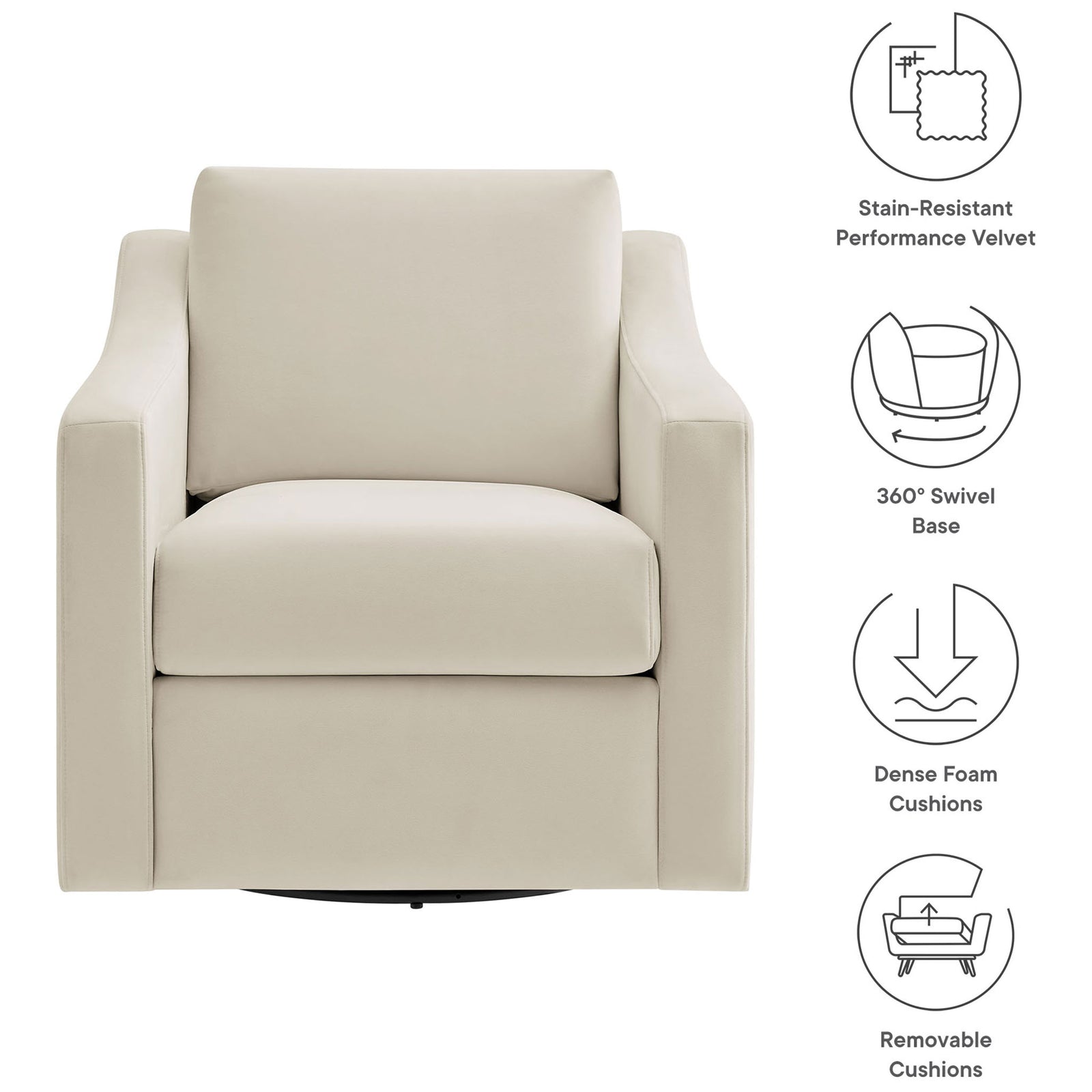 Key features include performance velvet, 360-degree swivel base, dense foam, and removable cushions. || EEI-7282-ALA || callout_studio