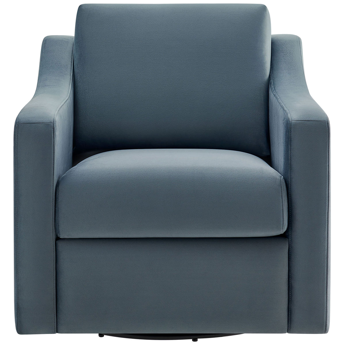 Plush cadet blue velvet armchair with curved arms and removable cushions on a smooth swivel base || EEI-7282-CAB || front_studio