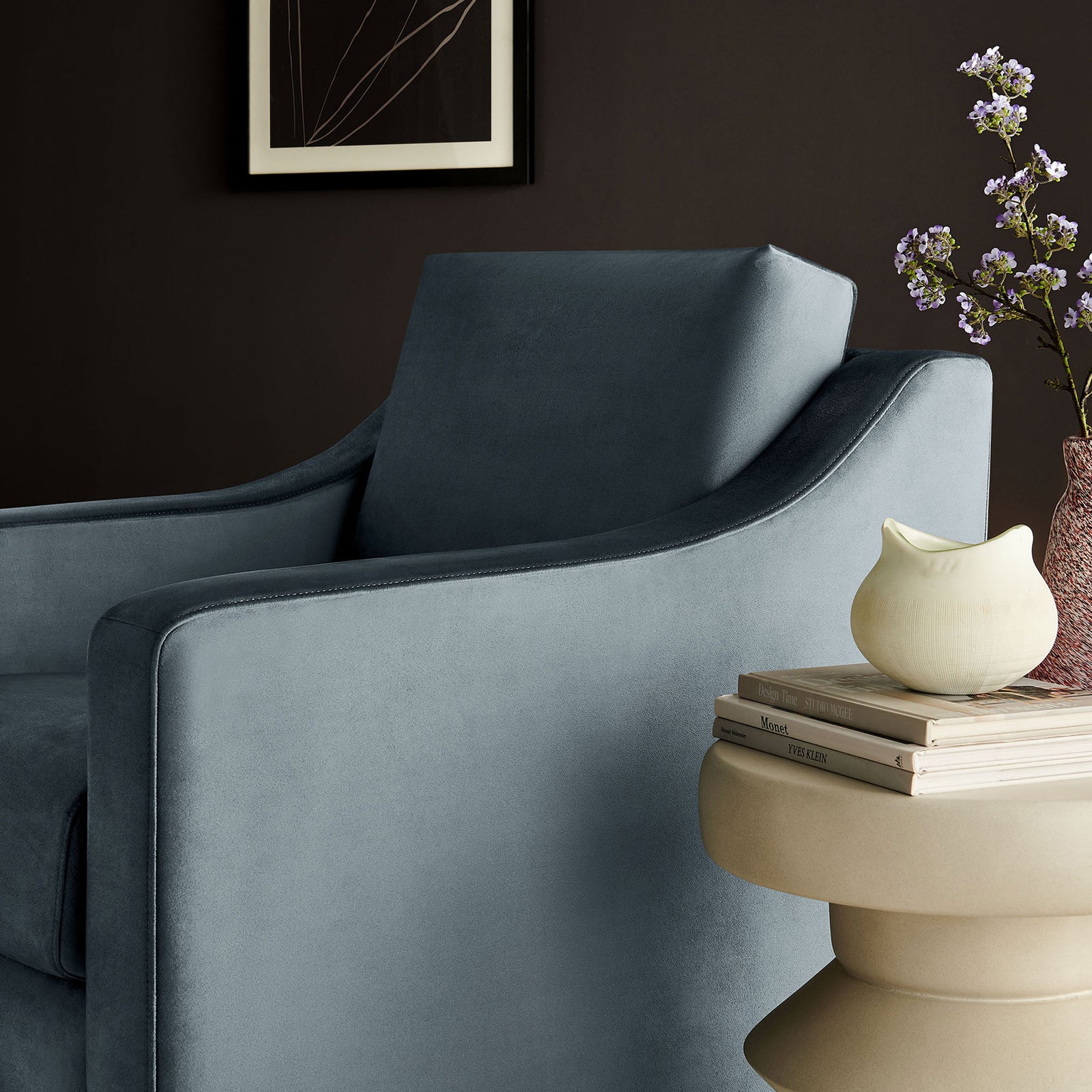 Cadet blue velvet upholstery adds a soft, inviting touch with refined piping and modern lines || EEI-7282-CAB || detail_room