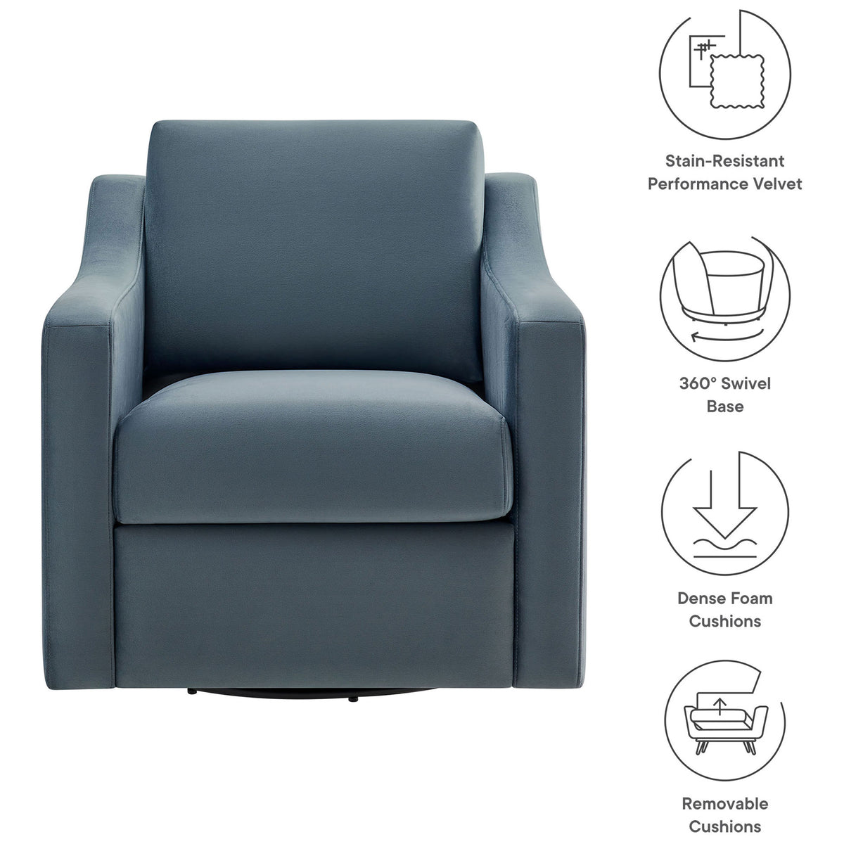 Performance velvet armchair with dense foam cushions, curved arms, and an easy 360-degree swivel || EEI-7282-CAB || callout_studio