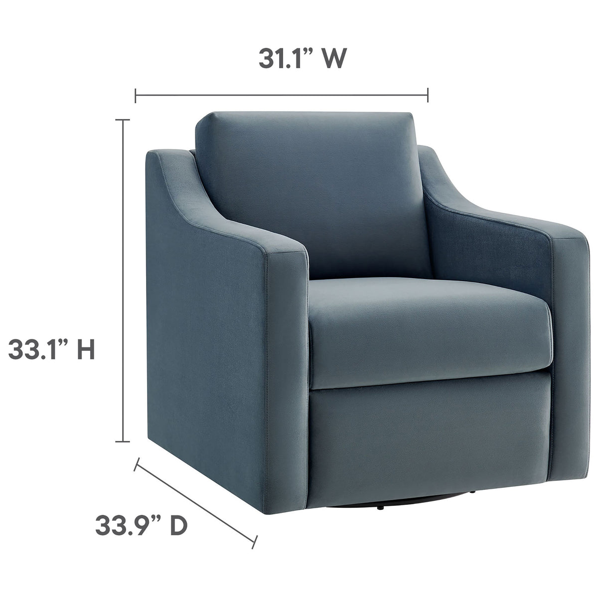 Compact, modern swivel armchair sized for versatile seating with plush, removable cushions || EEI-7282-CAB || dimension_studio