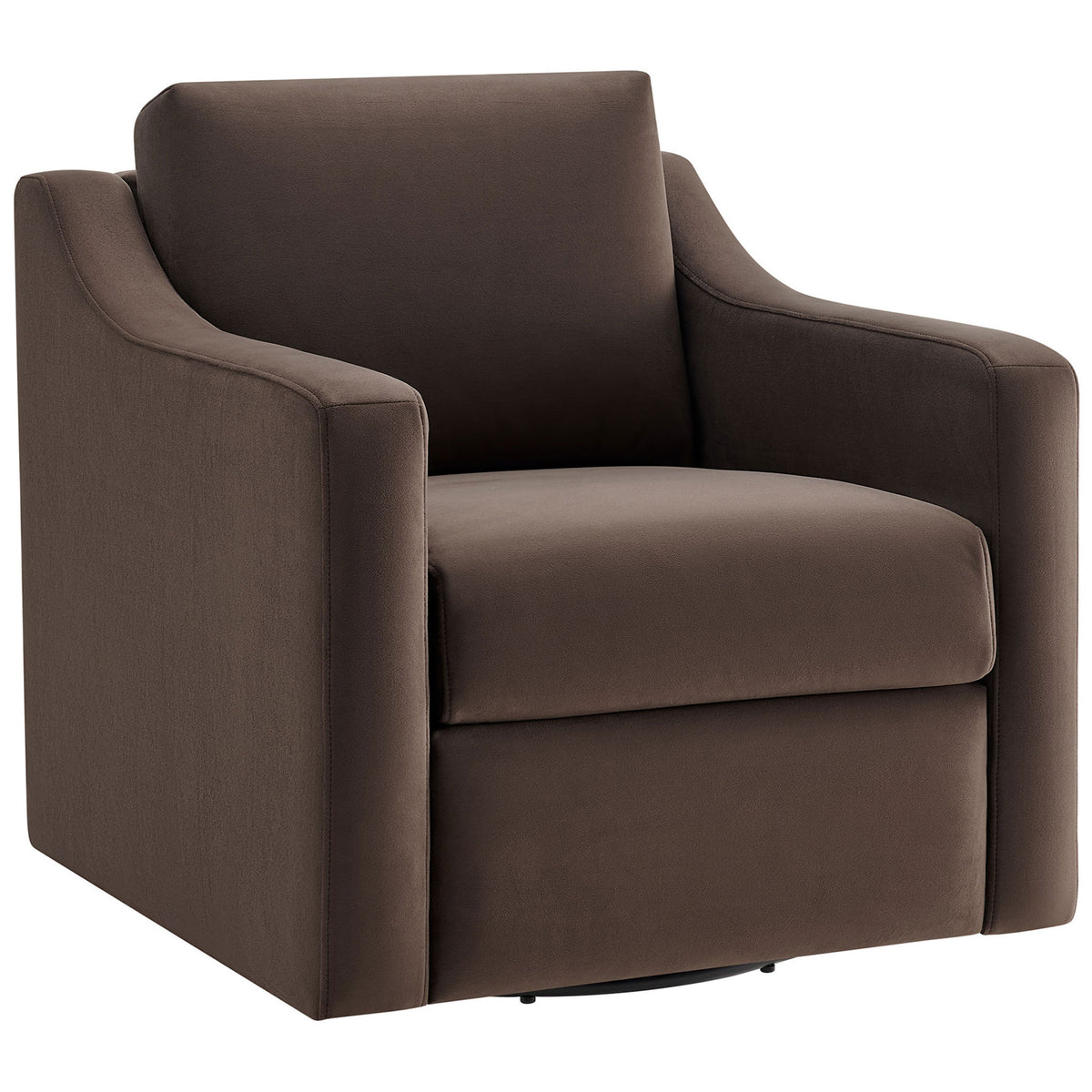 Chocolate velvet armchair with soft curved arms and plush, tailored cushions on a low-profile swivel base || EEI-7282-CHB || front_angle_studio