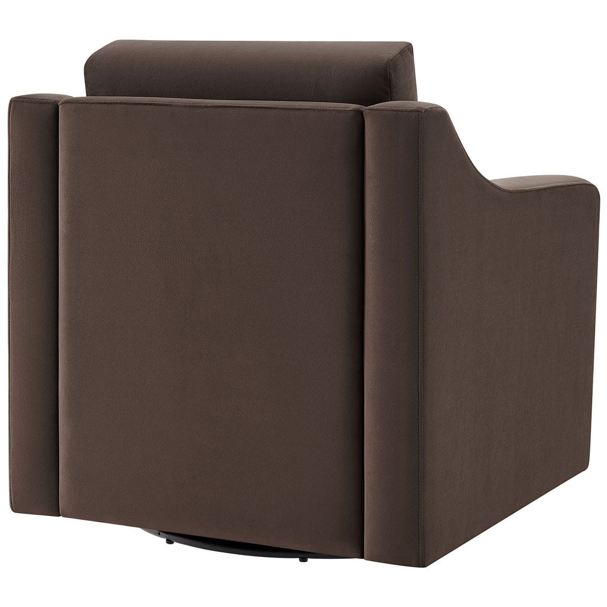 Tailored back and clean lines in rich chocolate velvet with a subtly concealed swivel base || EEI-7282-CHB || back_angle_studio