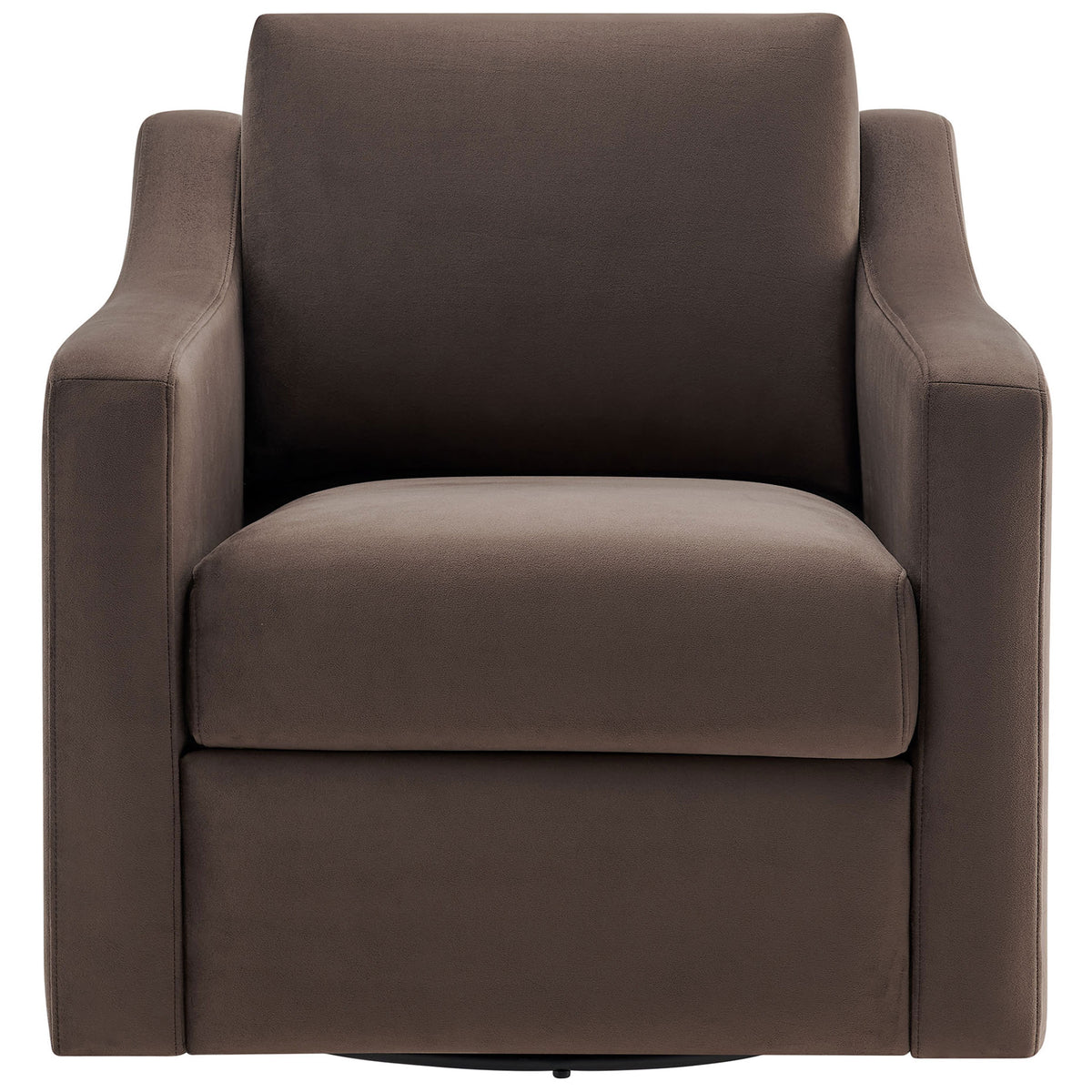 Plush seat and supportive backrest wrapped in chocolate velvet, framed by smoothly sculpted arms || EEI-7282-CHB || front_studio
