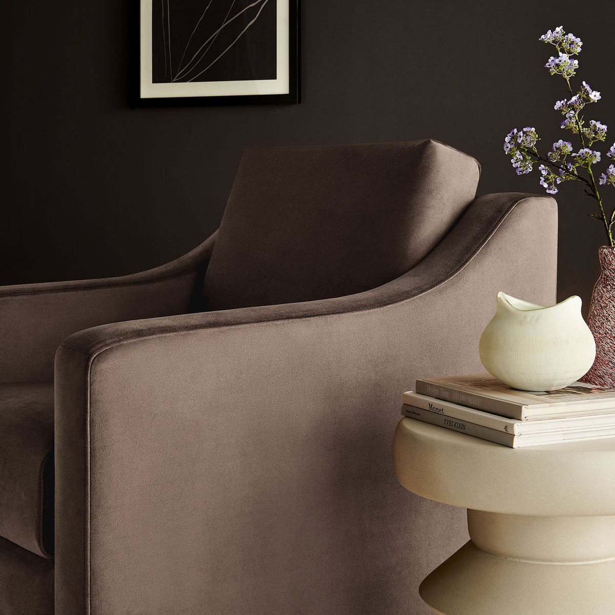 Velvet armchair in warm chocolate adds a luxe touch with softly curved arms in a modern setting || EEI-7282-CHB || detail_room