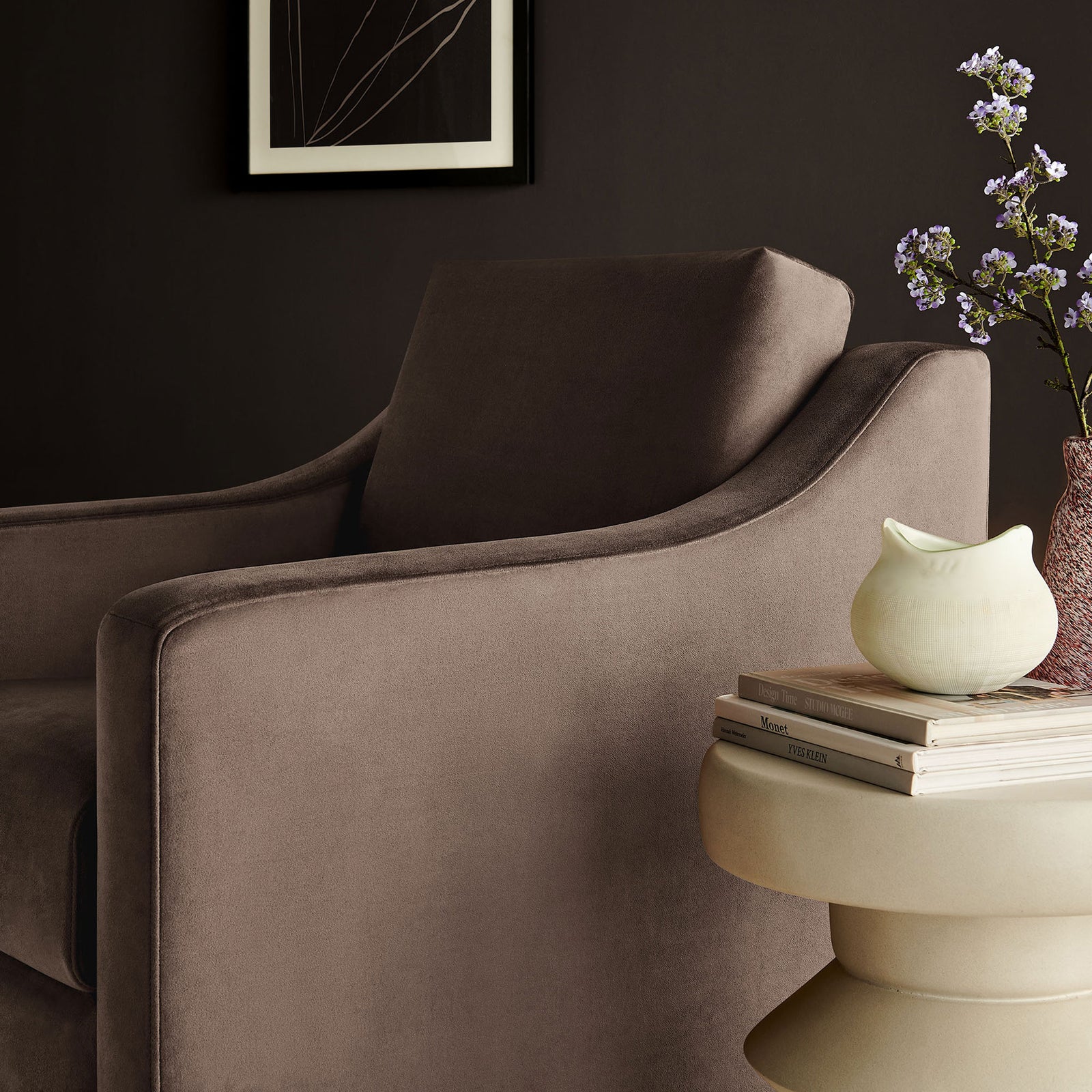 Velvet armchair in warm chocolate adds a luxe touch with softly curved arms in a modern setting || EEI-7282-CHB || detail_room