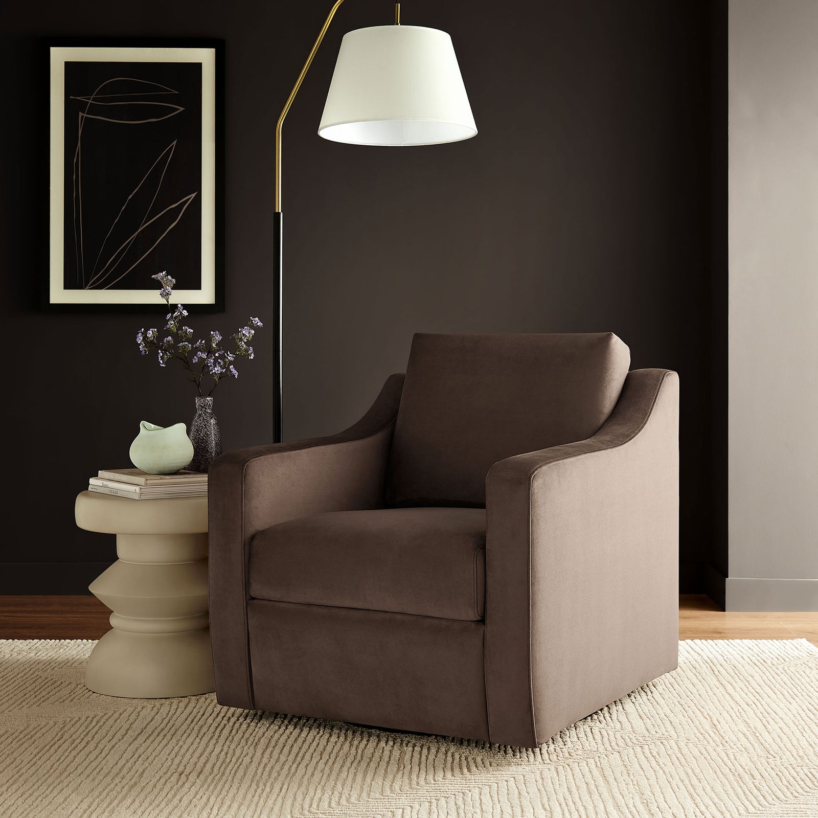 Chocolate velvet swivel armchair with gently curved arms and plush cushions, styled for cozy living spaces || EEI-7282-CHB || front_angle_room