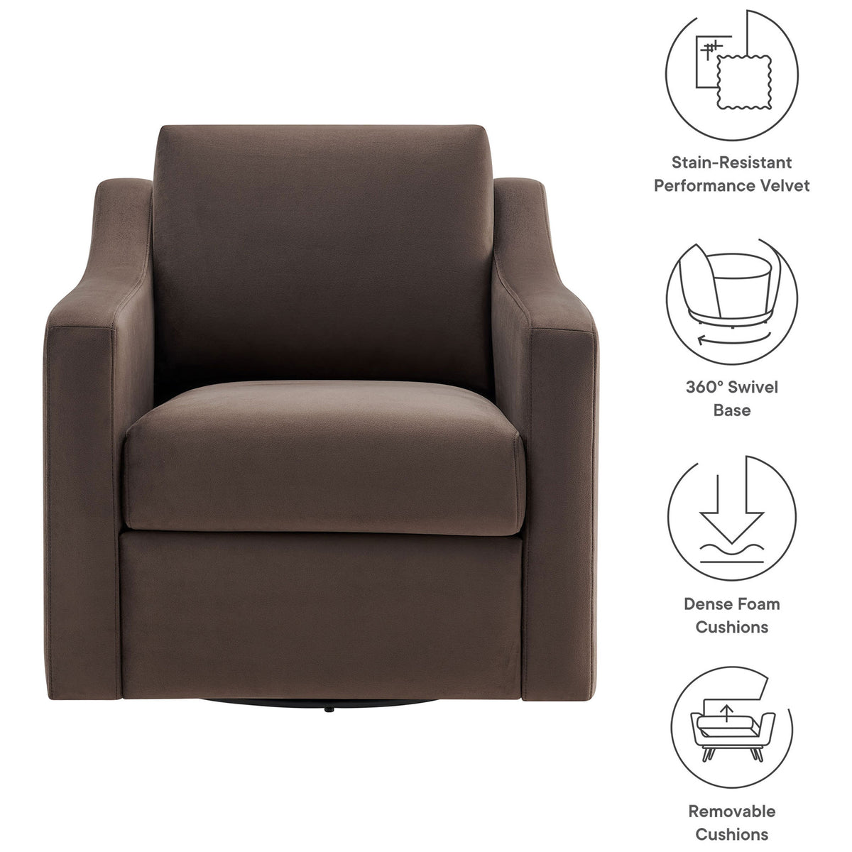 Feature highlights of the chocolate velvet swivel armchair, including performance fabric and dense cushions || EEI-7282-CHB || callout_studio