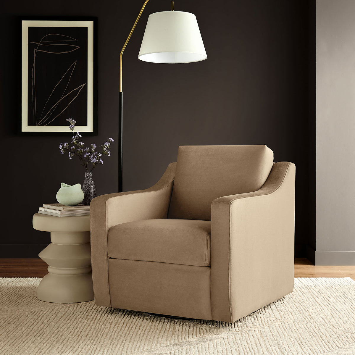 Inviting taupe velvet chair with plush cushions and clean, modern lines || EEI-7282-TAU || front_angle_room