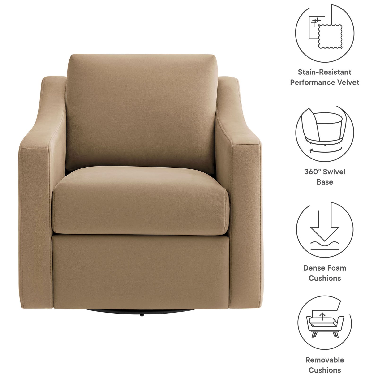 Performance velvet, smooth 360-degree swivel base, and dense, removable cushions || EEI-7282-TAU || callout_studio