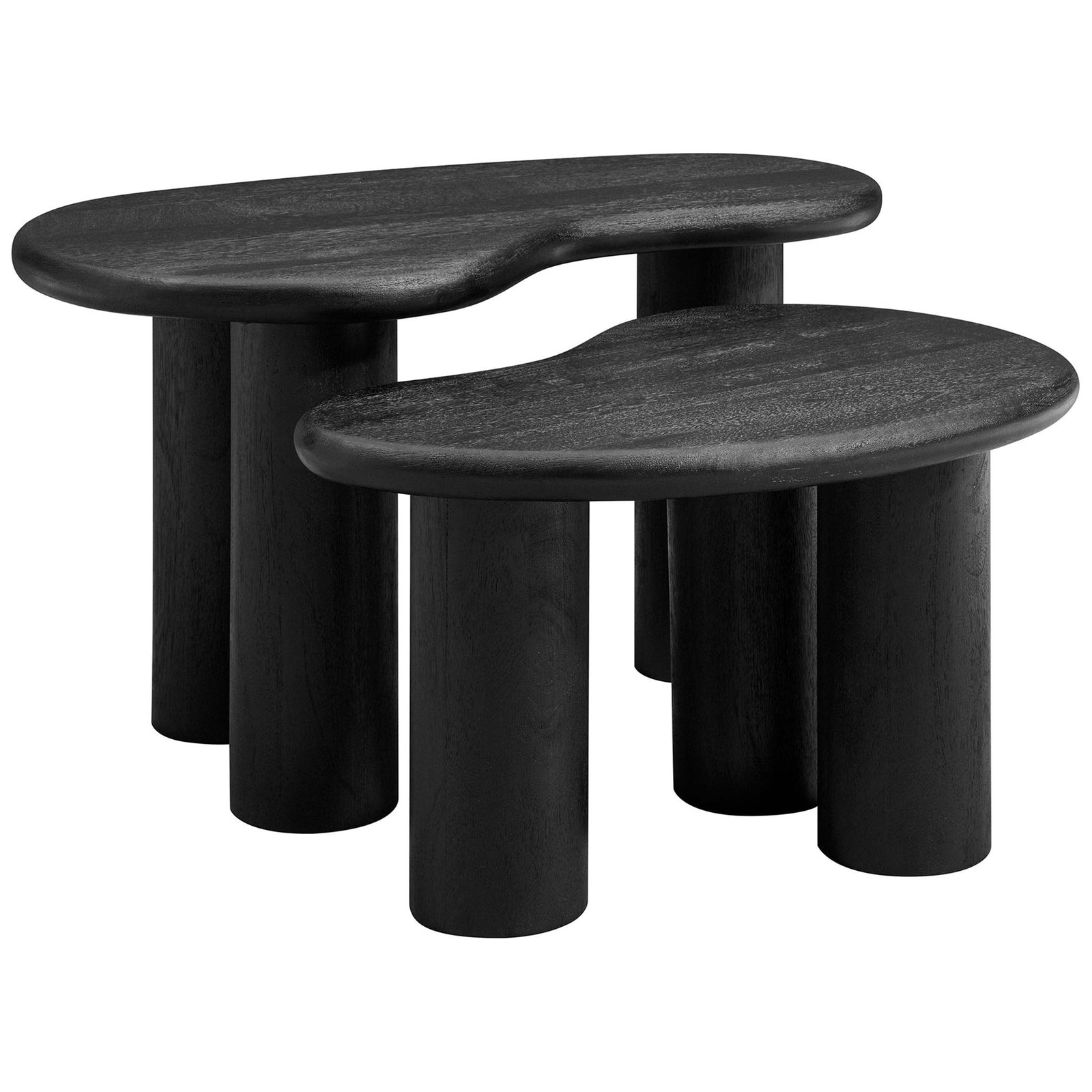Sculptural black mango wood nesting coffee tables with smooth kidney-shaped tops and bold cylinder legs || EEI-7283-BLK || front_angle_studio