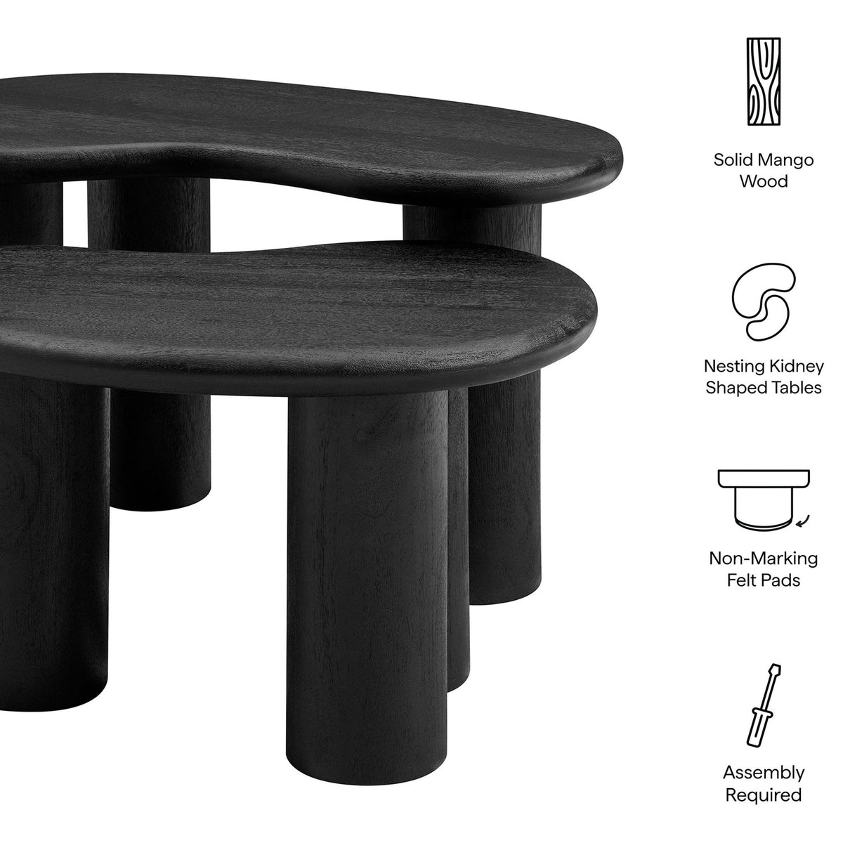 Solid mango wood construction, kidney-shaped nesting design, and non-marking felt pads || EEI-7283-BLK || callout_studio