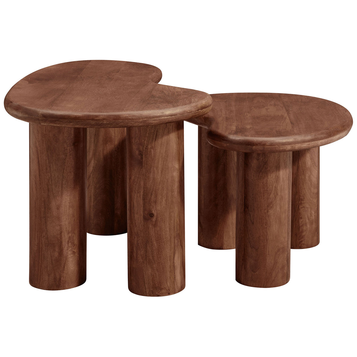 Nesting coffee tables showcase sculpted curves and solid mango wood craftsmanship in a rich walnut stain || EEI-7283-WAL || side_studio