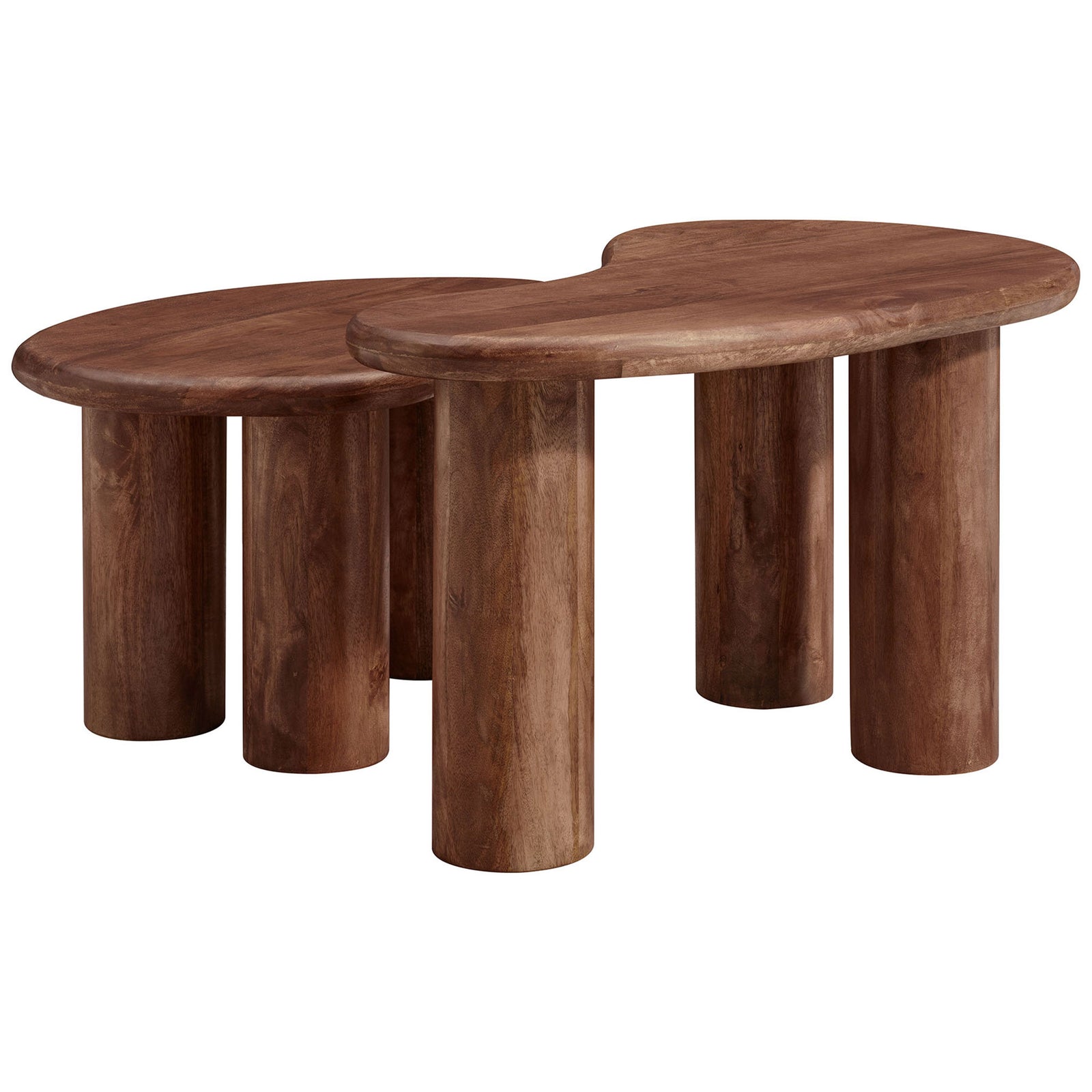 Sleek, space-saving nesting design with rounded edges and sturdy three-leg supports on each table || EEI-7283-WAL || back_angle_studio