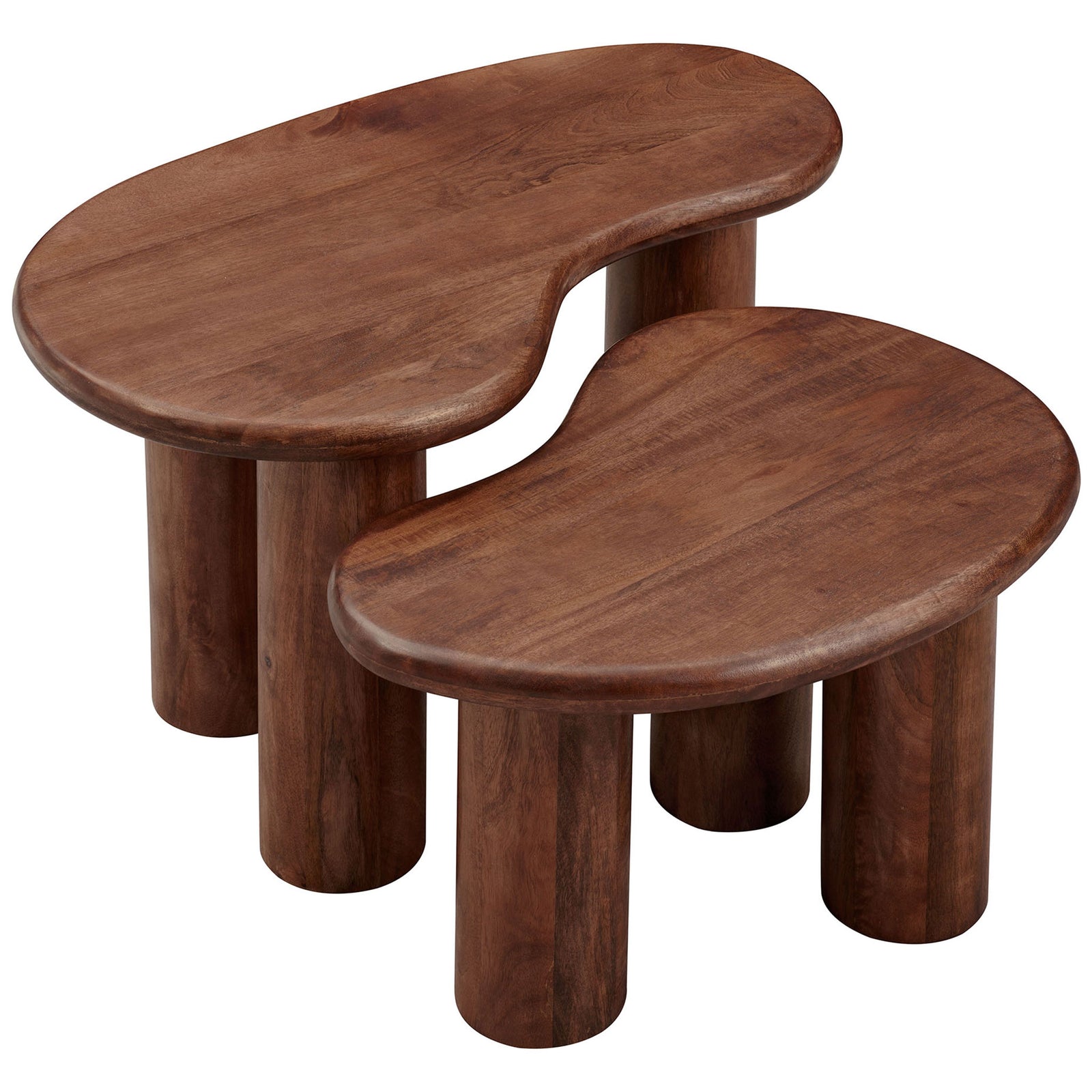 Organic contours and natural wood grain of both nesting tables are beautifully showcased || EEI-7283-WAL || top_angle_studio