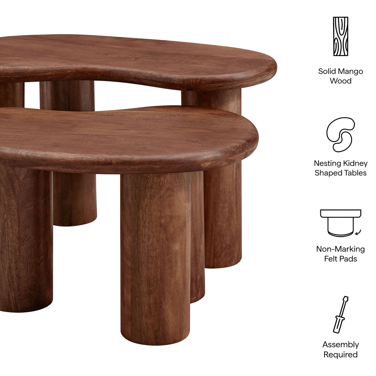 Solid mango wood set with nesting kidney shapes and thick cylinder legs in a rich walnut tone || EEI-7283-WAL || callout_studio