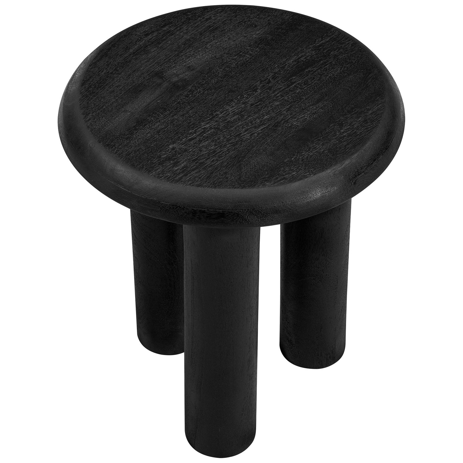 Top of black round mango wood side table showcasing smooth tabletop and sturdy cylindrical legs || EEI-7284-BLK || top_angle_studio