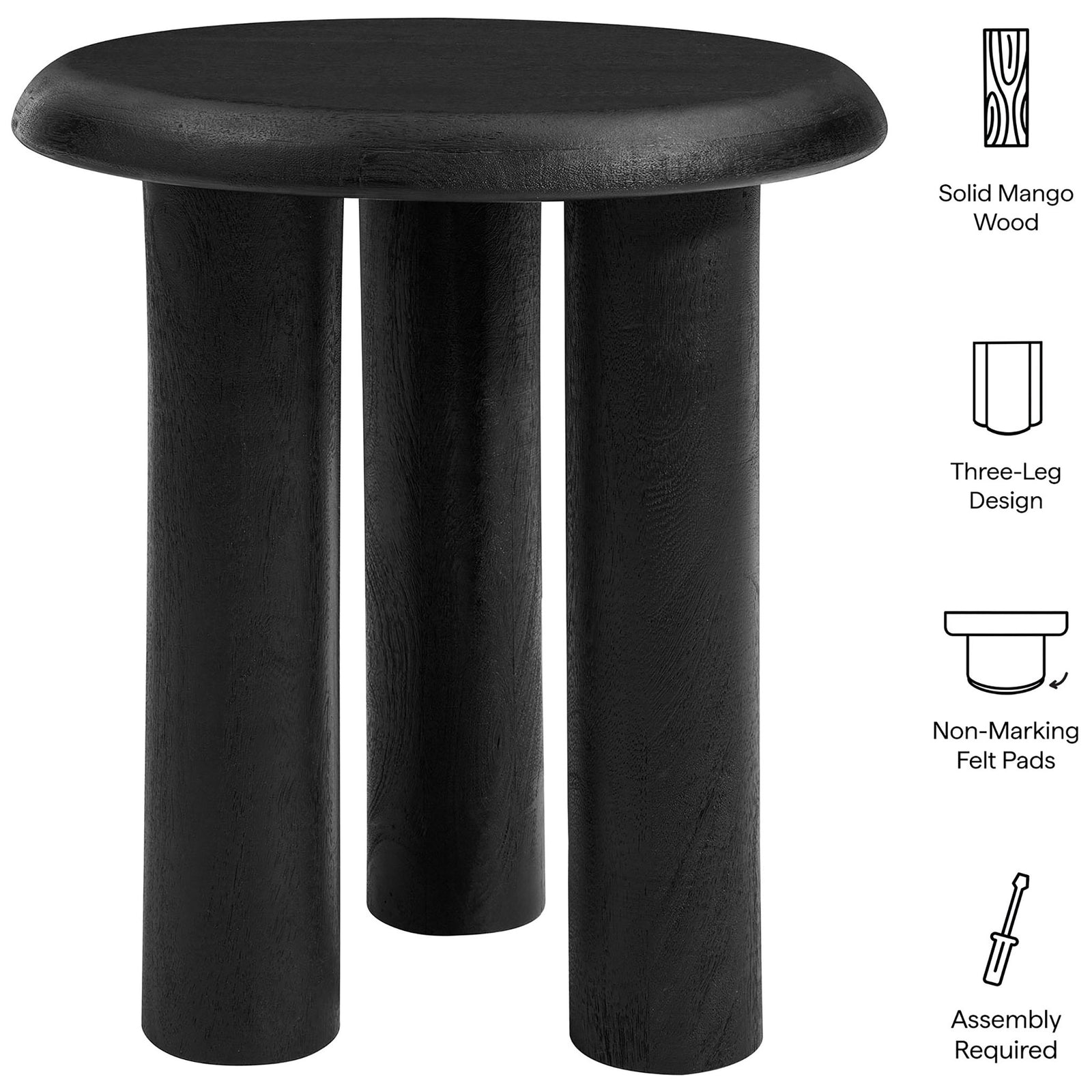 Black mango wood round side table with icons calling out solid wood, three-leg design, and felt pads || EEI-7284-BLK || callout_studio
