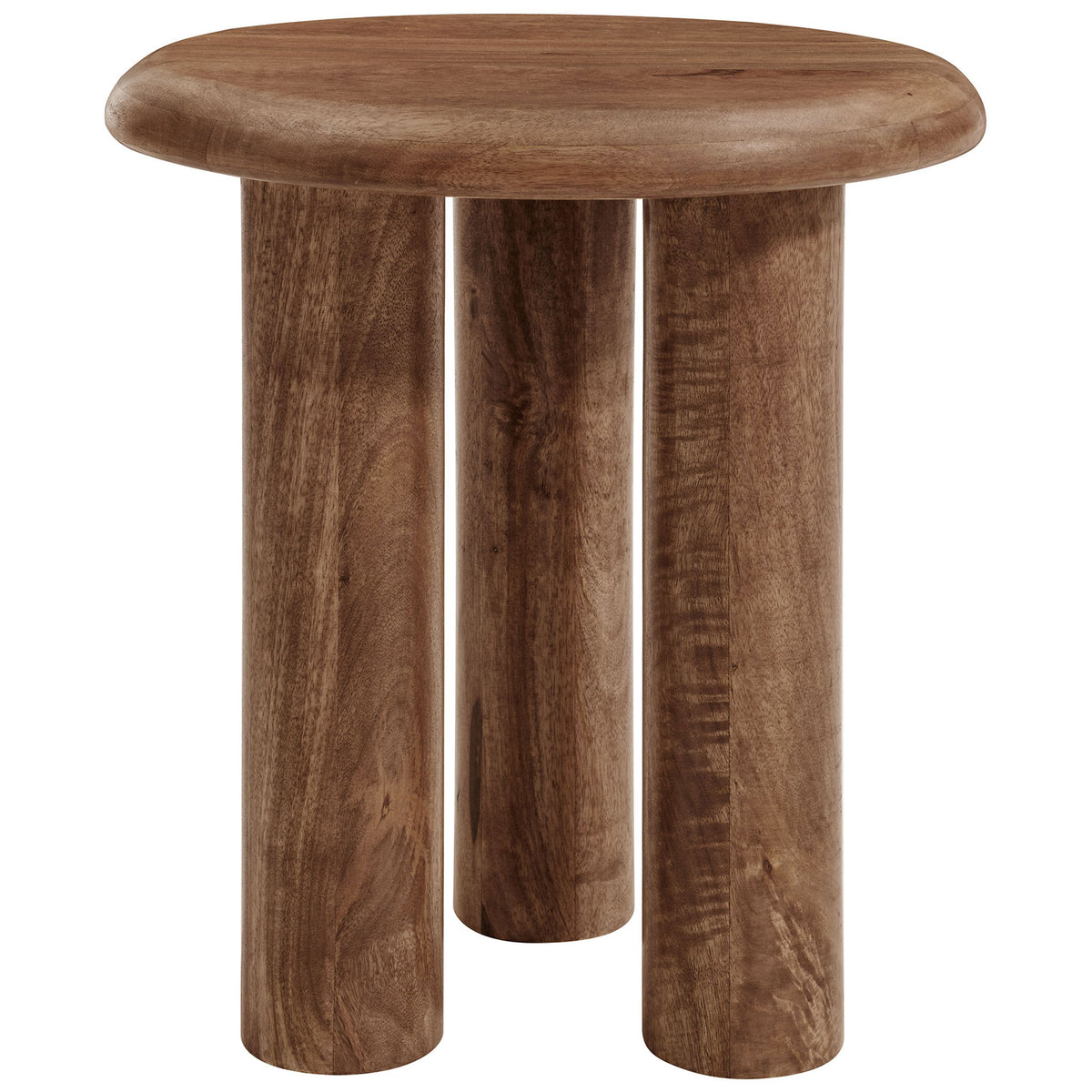 Round mango wood side table with smooth walnut finish and three bold cylindrical legs. || EEI-7284-WAL || front_studio