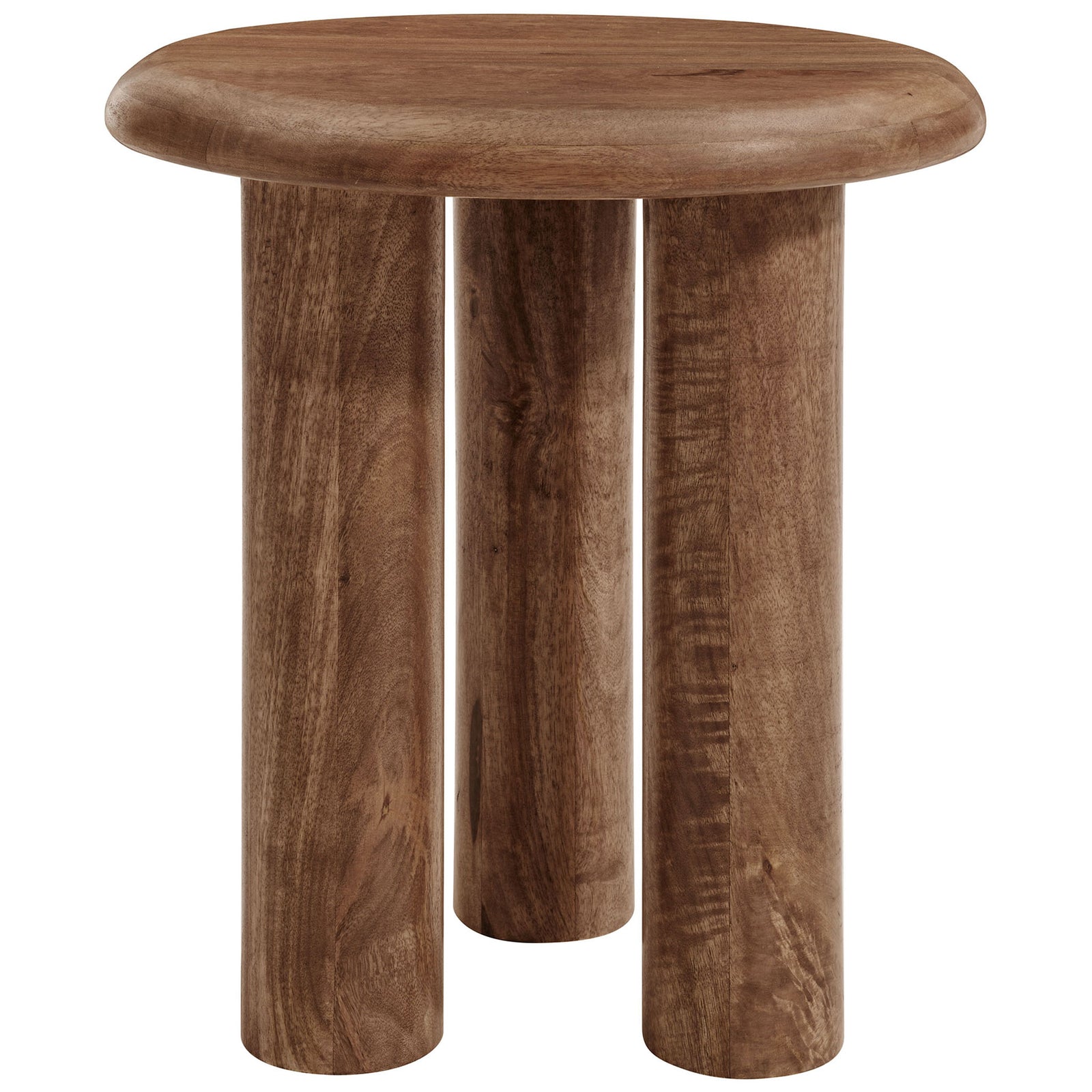 Round mango wood side table with smooth walnut finish and three bold cylindrical legs. || EEI-7284-WAL || front_studio