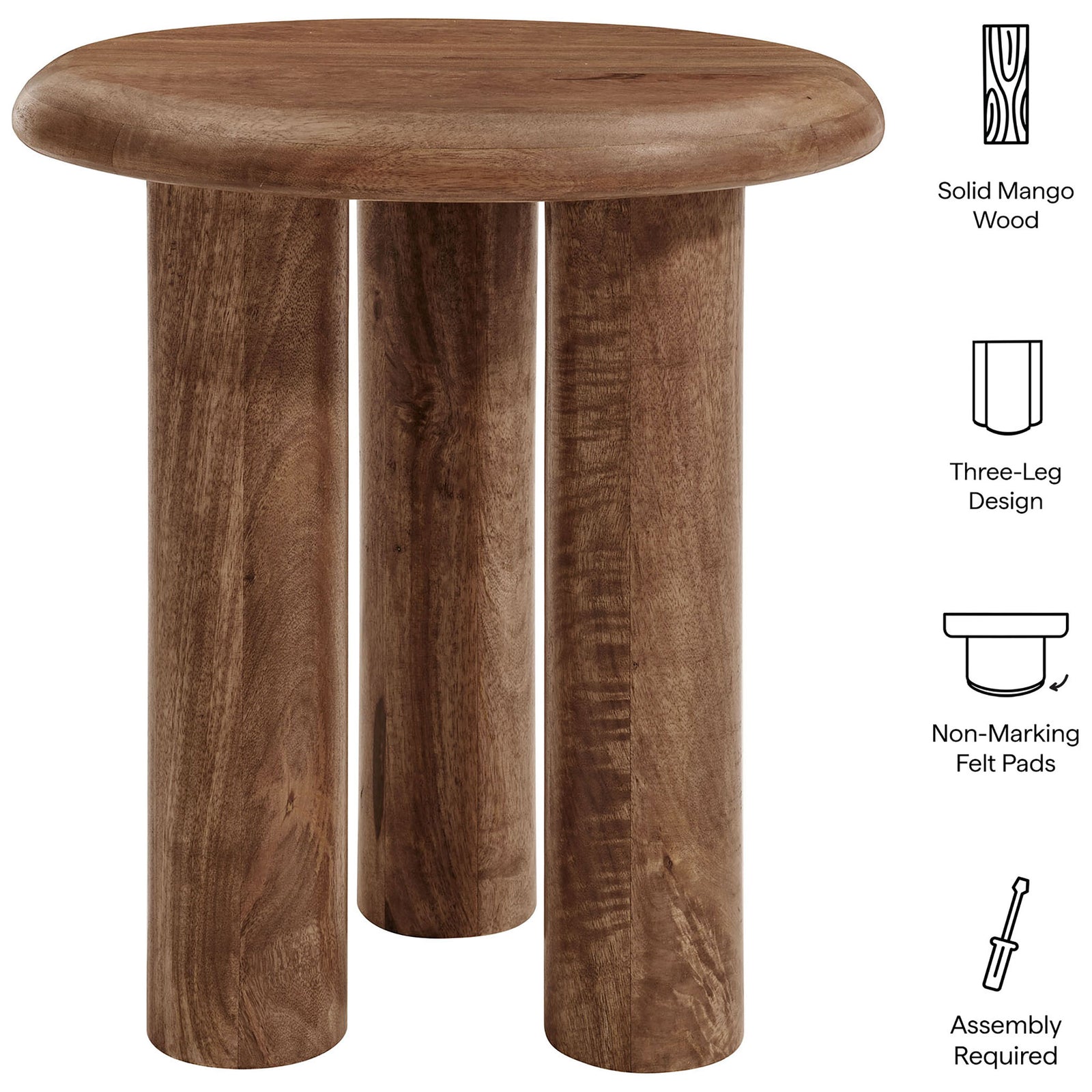Mavina mango wood side table with three-leg base, rounded top, and non-marking felt pads for floor protection. || EEI-7284-WAL || callout_studio
