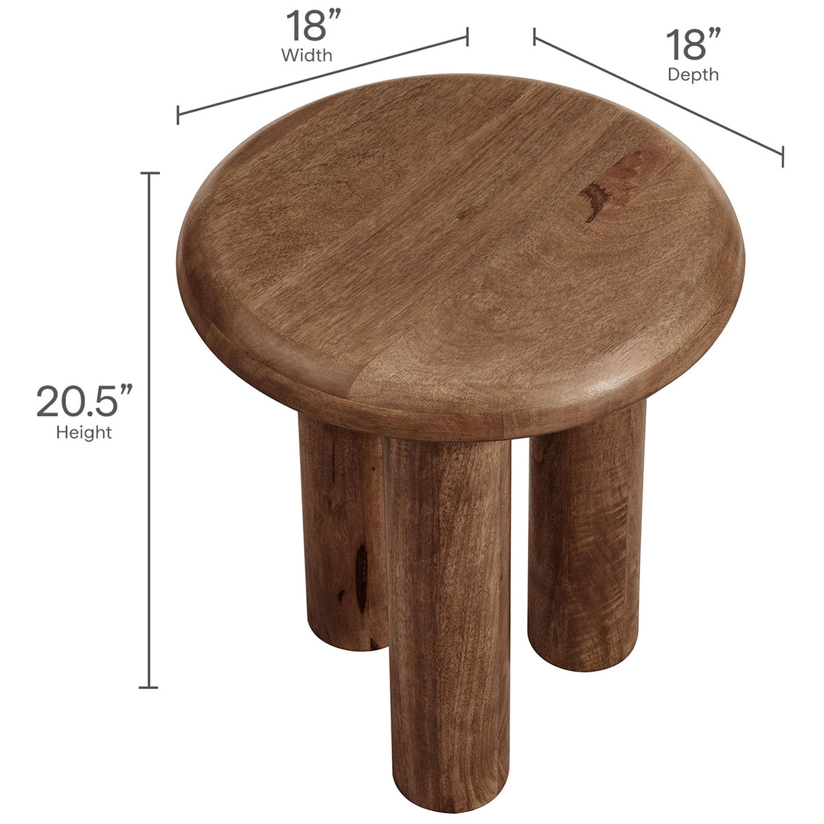 Dimensions of the Mavina round side table, measuring 18 inches wide by 18 inches deep and 20.5 inches high. || EEI-7284-WAL || dimension_studio