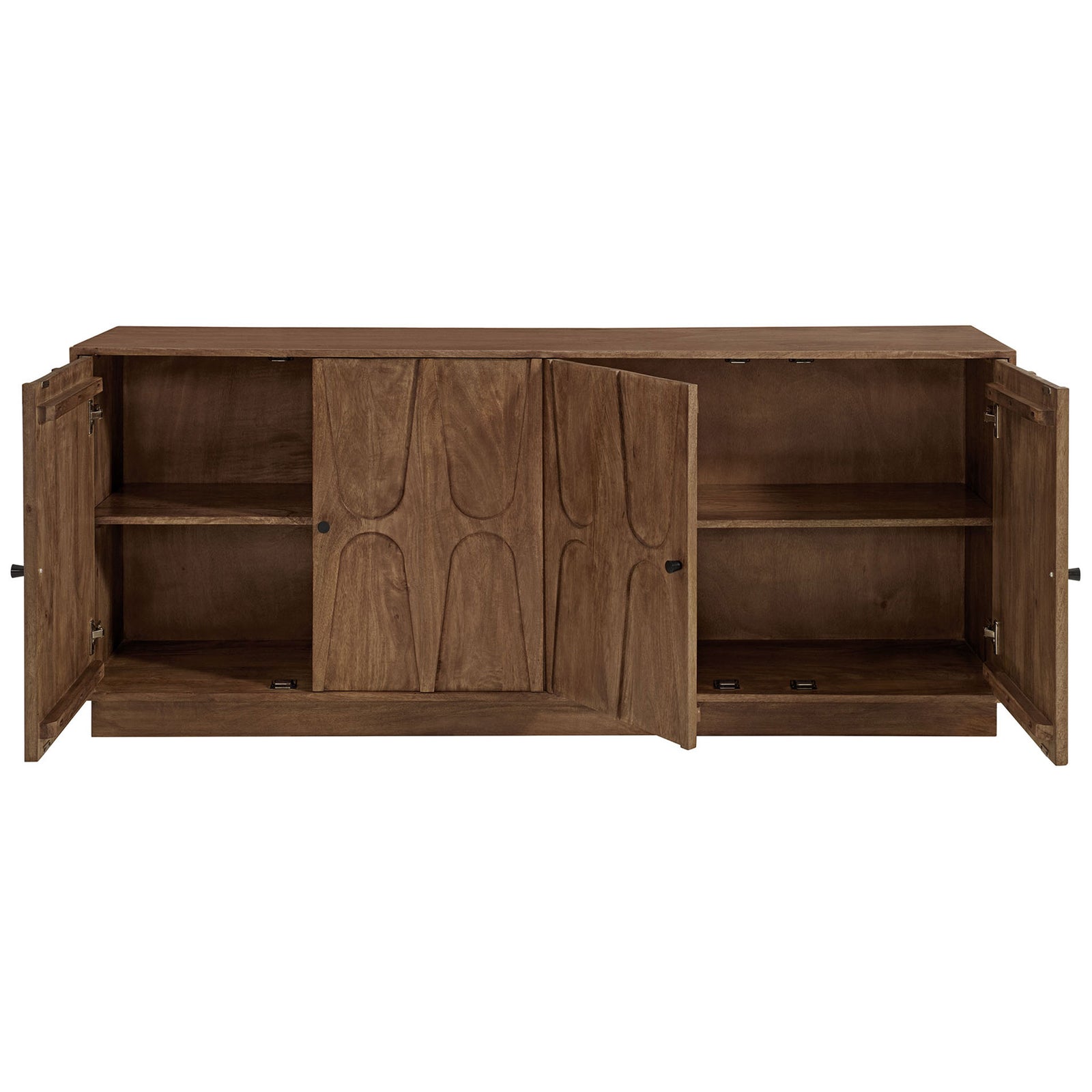 Sideboard with doors open to reveal spacious shelved storage for dinnerware, media accessories, and decor || EEI-7285-WAL || front_open_studio