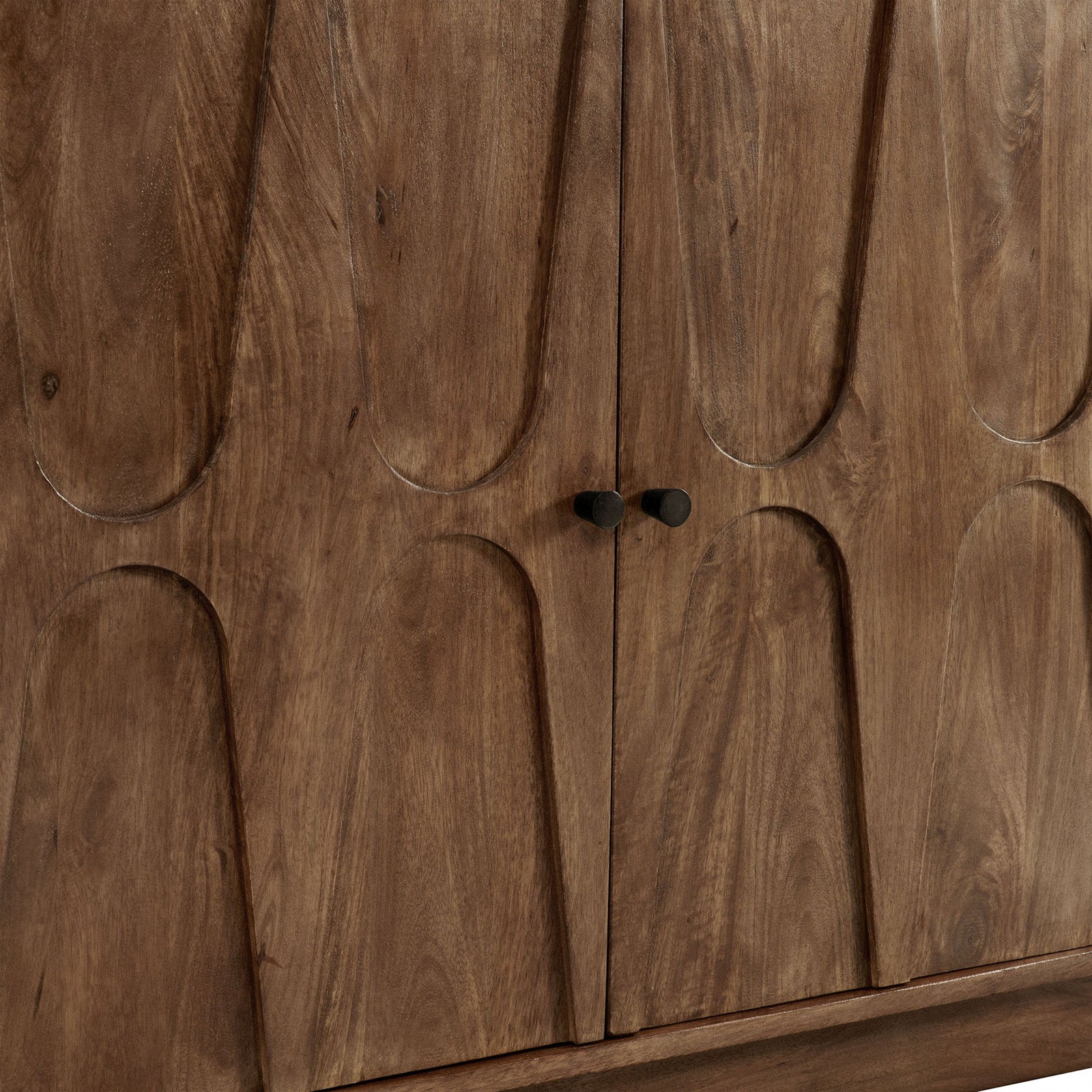 Sculpted mango wood cabinet doors accented by small matte black pulls || EEI-7285-WAL || handle_studio