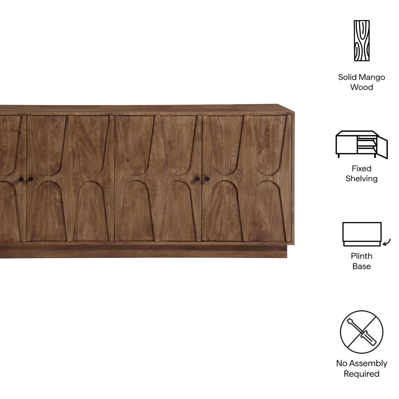 Feature graphic highlighting solid mango wood, fixed shelving, plinth base, and no assembly for this sideboard || EEI-7285-WAL || callout_studio