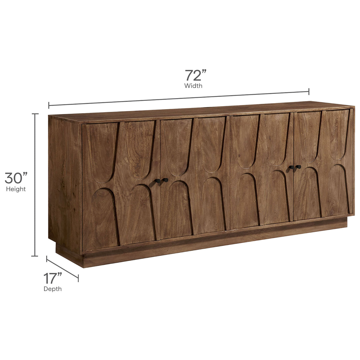 Measurement graphic of the walnut sideboard showing 72 inch width, 17 inch depth, and 30 inch height || EEI-7285-WAL || dimension_studio