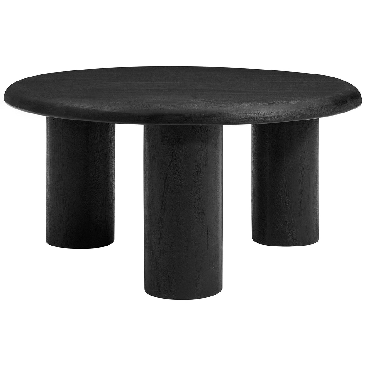 Solid mango wood round coffee table with bold silhouette and three pillar legs in a matte black finish || EEI-7286-BLK || front_studio