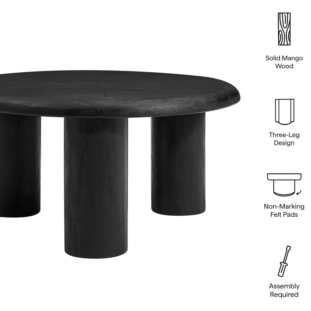 Solid mango wood table with three-leg design and floor-safe felt pads || EEI-7286-BLK || callout_studio