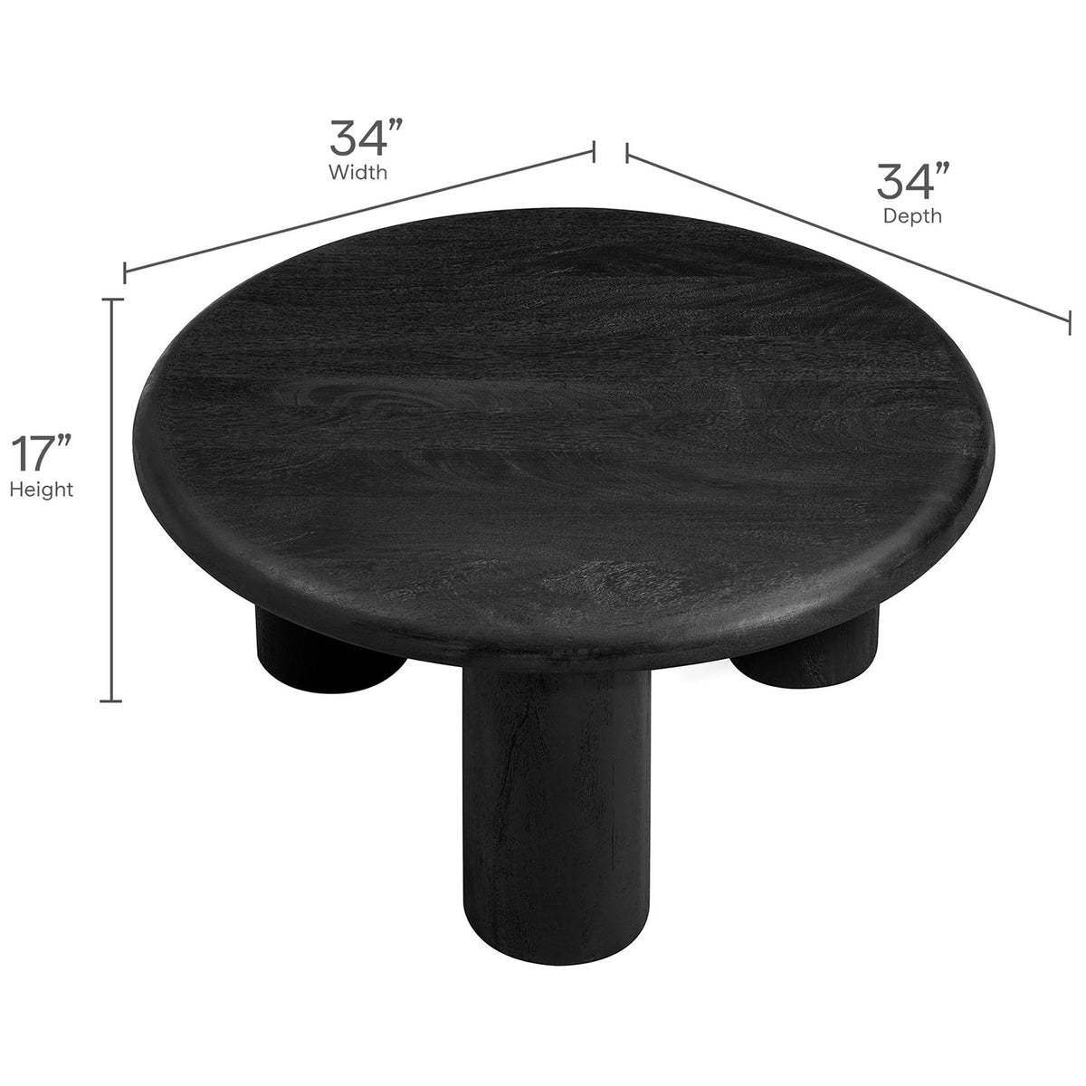 Round coffee table measures 34 inches wide, 34 inches deep, and 17 inches high || EEI-7286-BLK || dimension_studio