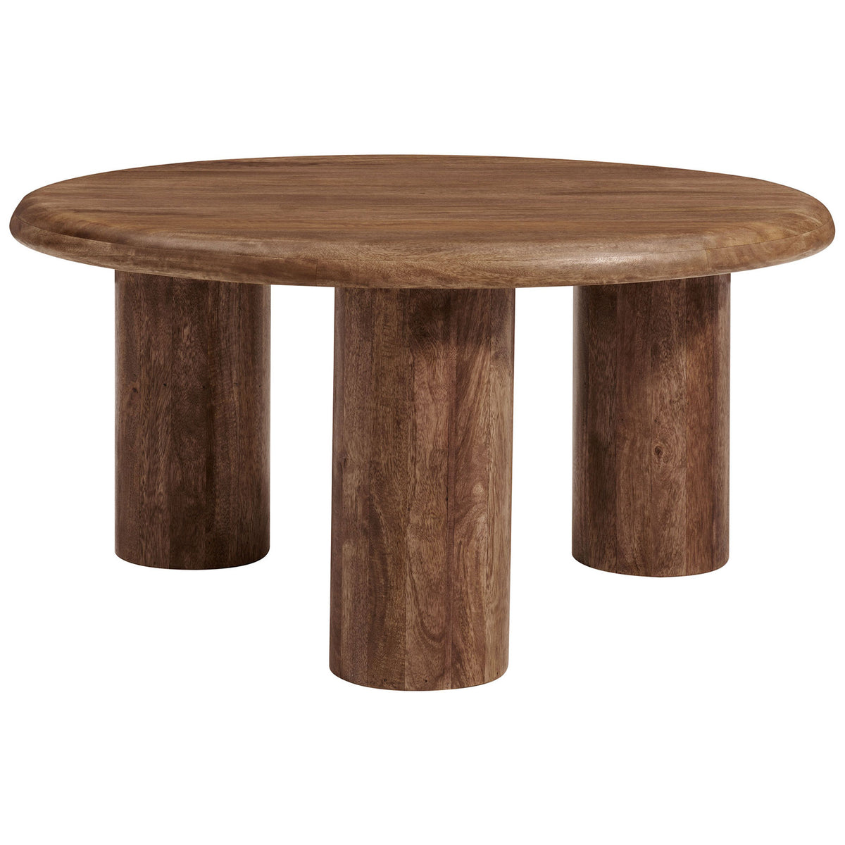 Round mango wood coffee table with smooth beveled edge and bold three-cylinder base in warm walnut finish. || EEI-7286-WAL || front_studio