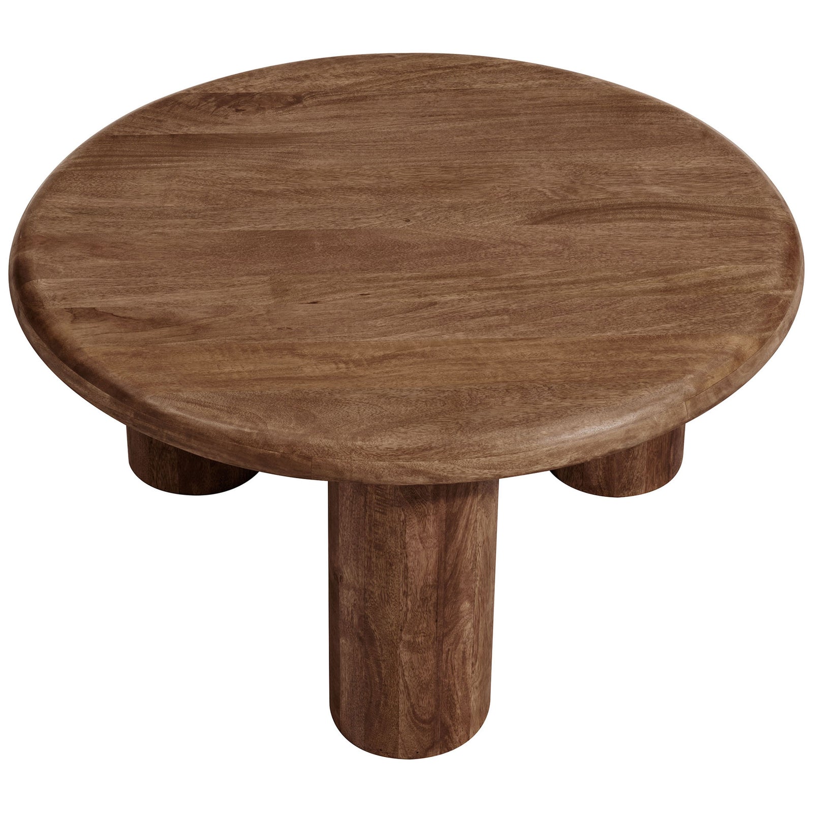 Expansive 34-inch round tabletop showcases rich mango wood grain and a softly rounded rim. || EEI-7286-WAL || top_angle_studio
