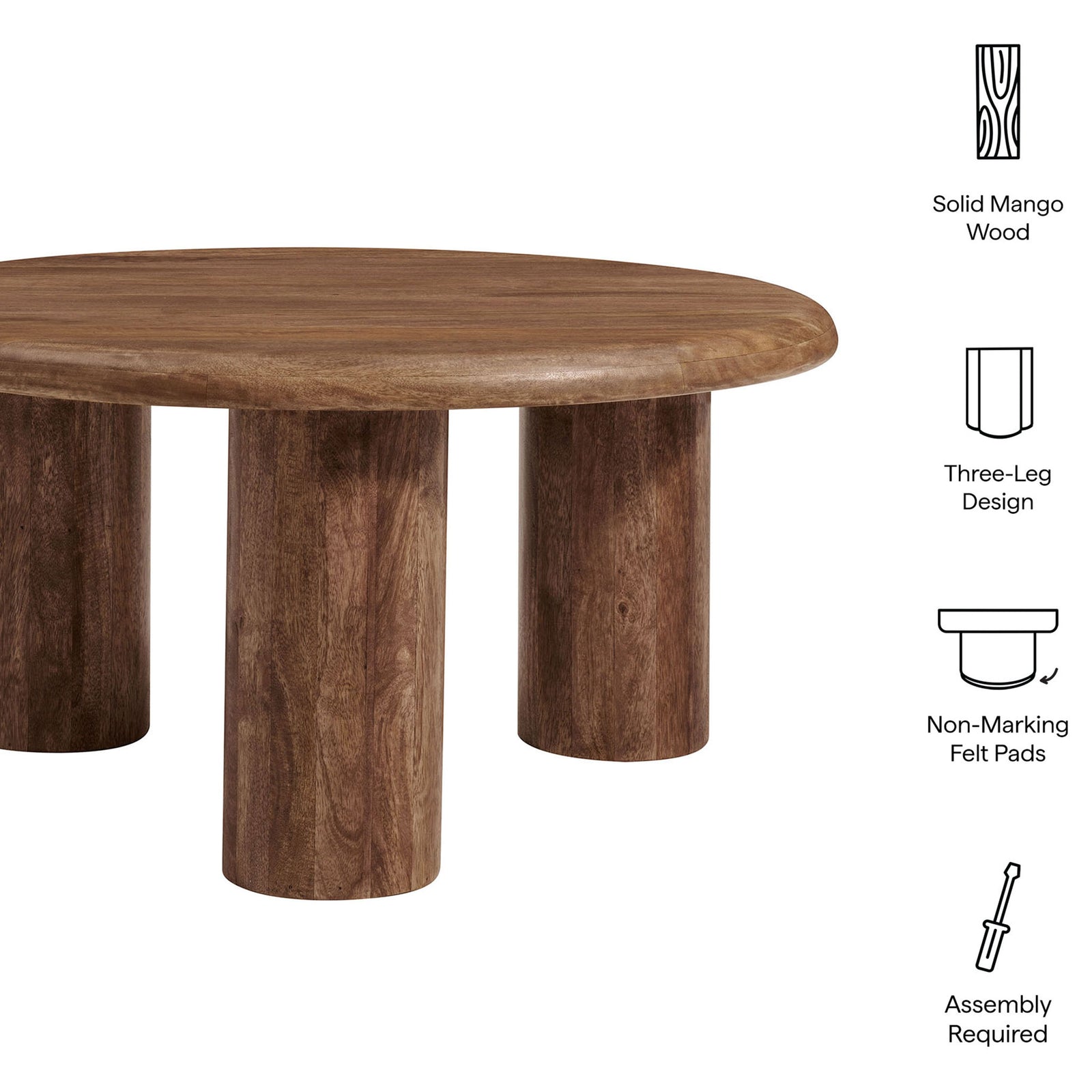 Key features highlighted: solid mango wood, three-leg base, non-marking felt pads, easy assembly. || EEI-7286-WAL || callout_studio