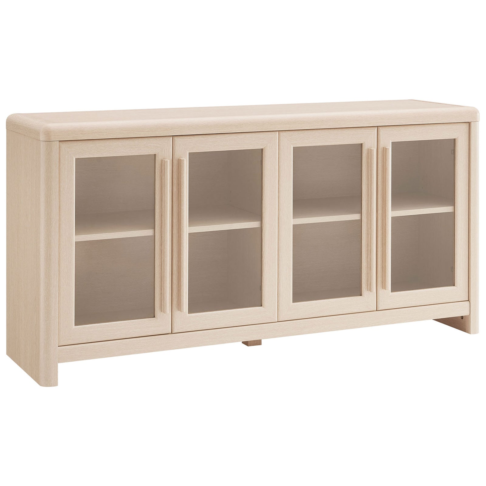 Ash wood sideboard cabinet with four glass doors and clean rounded edges. || EEI-7287-ASH || front_angle_studio
