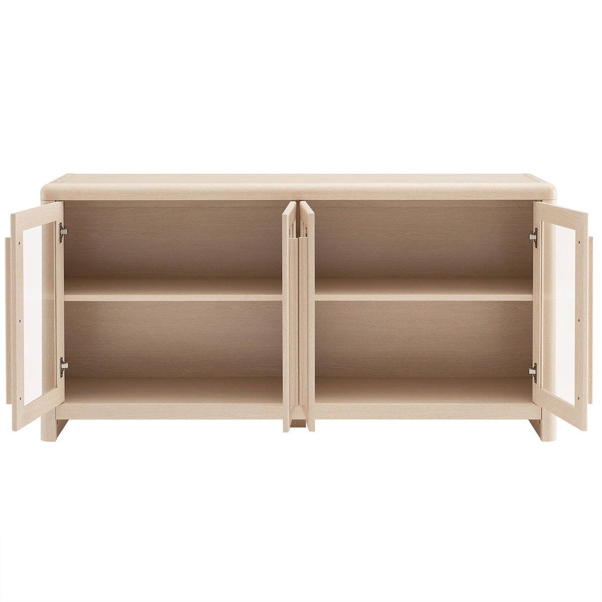 Evren sideboard cabinet with all four glass doors open revealing spacious adjustable shelving. || EEI-7287-ASH || front_open_studio