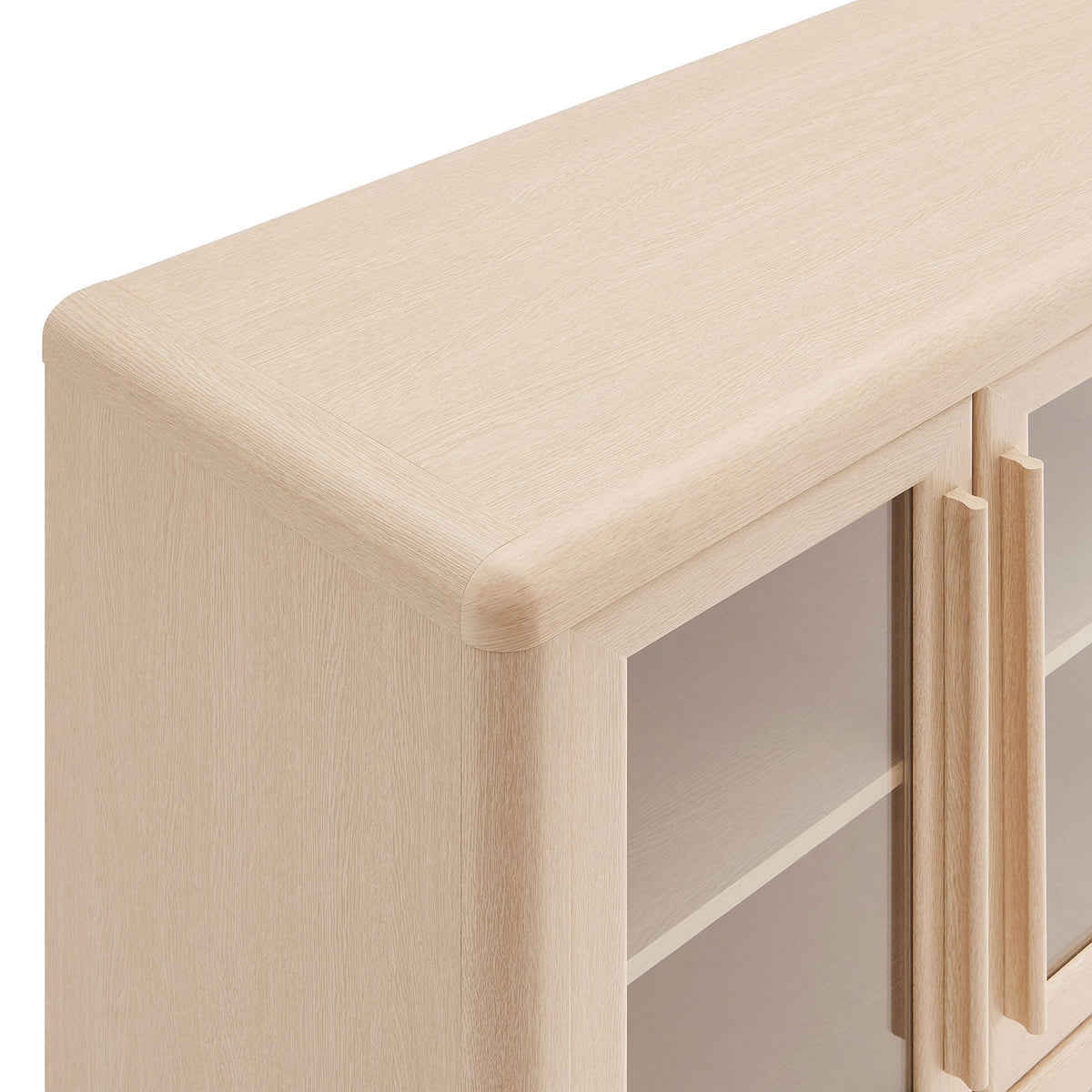Rounded ash wood top and smooth framed edge detail of the Evren sideboard cabinet. || EEI-7287-ASH || detail_studio