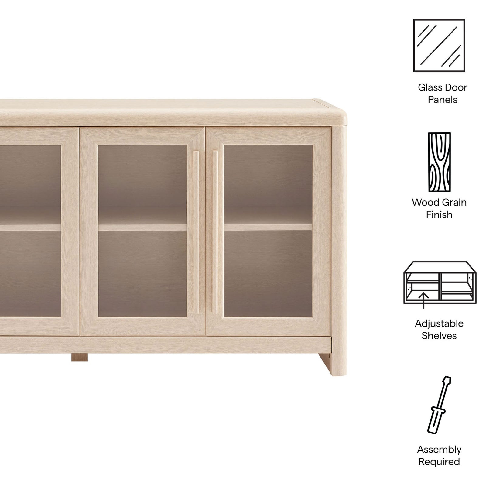 Evren sideboard features glass door panels, wood grain finish, adjustable shelves, and easy assembly. || EEI-7287-ASH || callout_studio