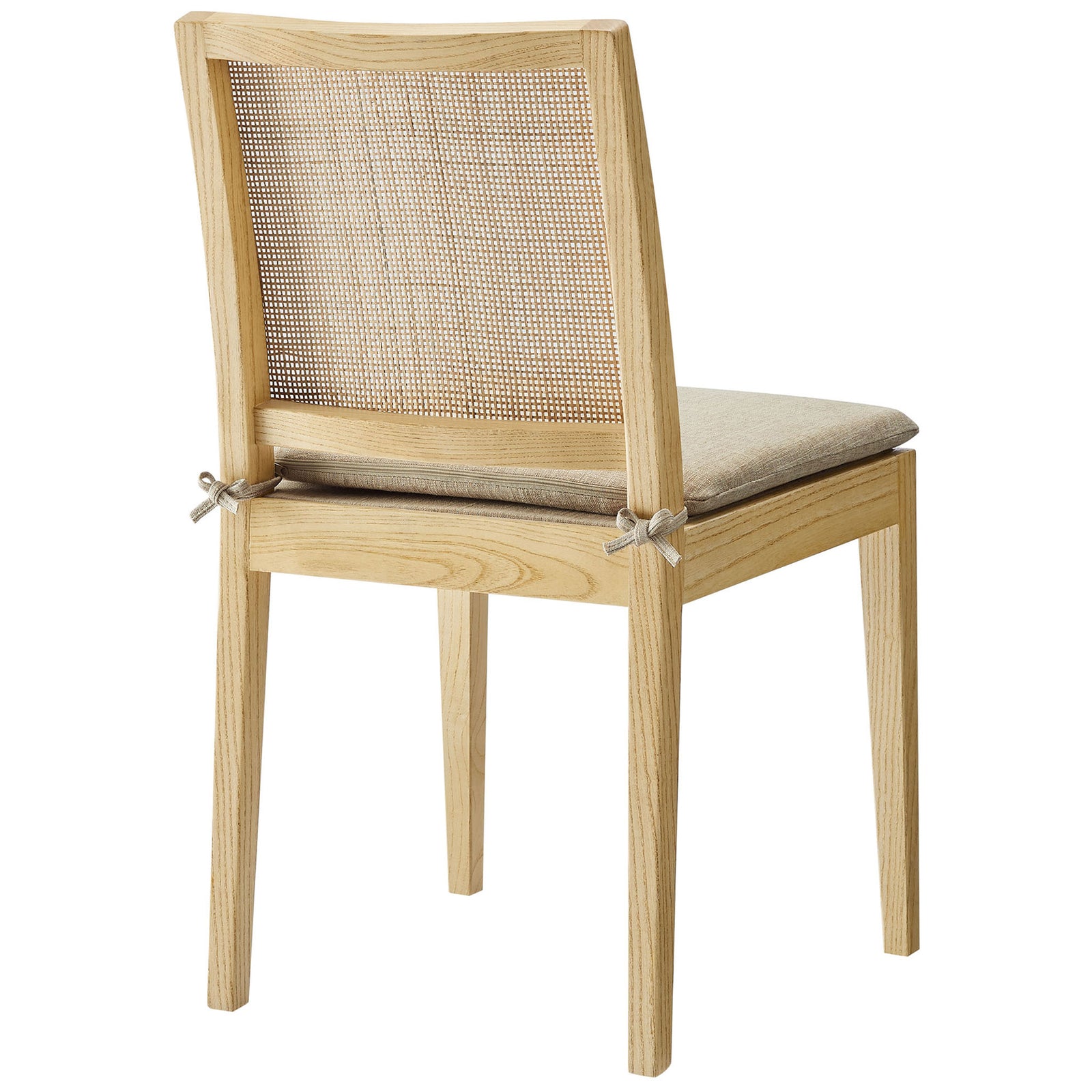Natural elm dining chair featuring a woven rattan back and charming fabric ties securing the padded seat cushion || EEI-7288-NAT-BEI || back_angle_studio