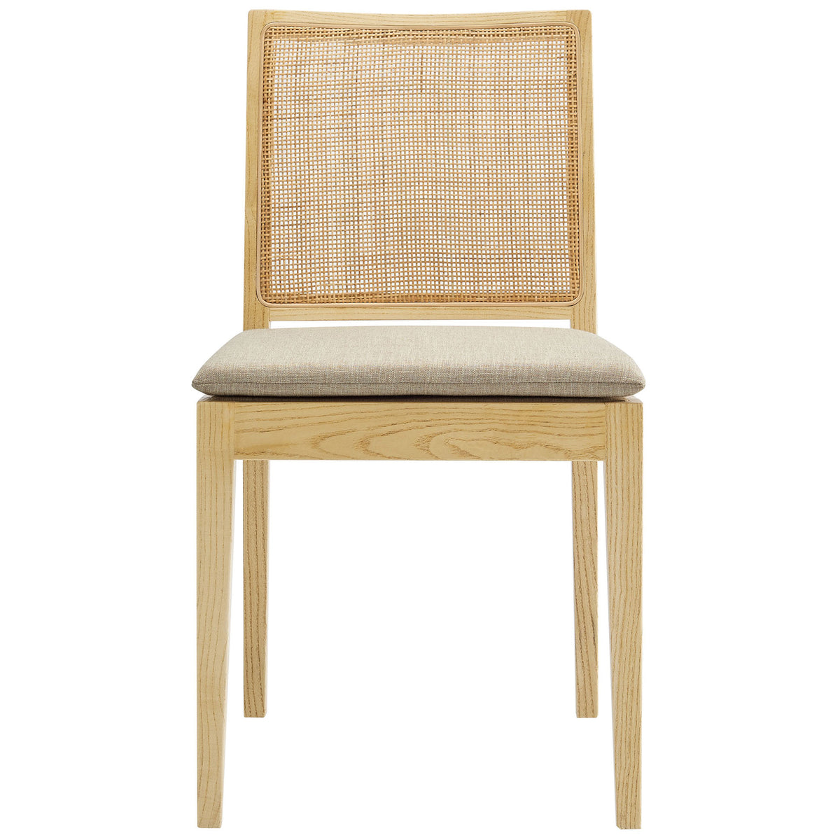 Modern farmhouse dining chair with square rattan back and soft neutral seat cushion for versatile seating || EEI-7288-NAT-BEI || front_studio
