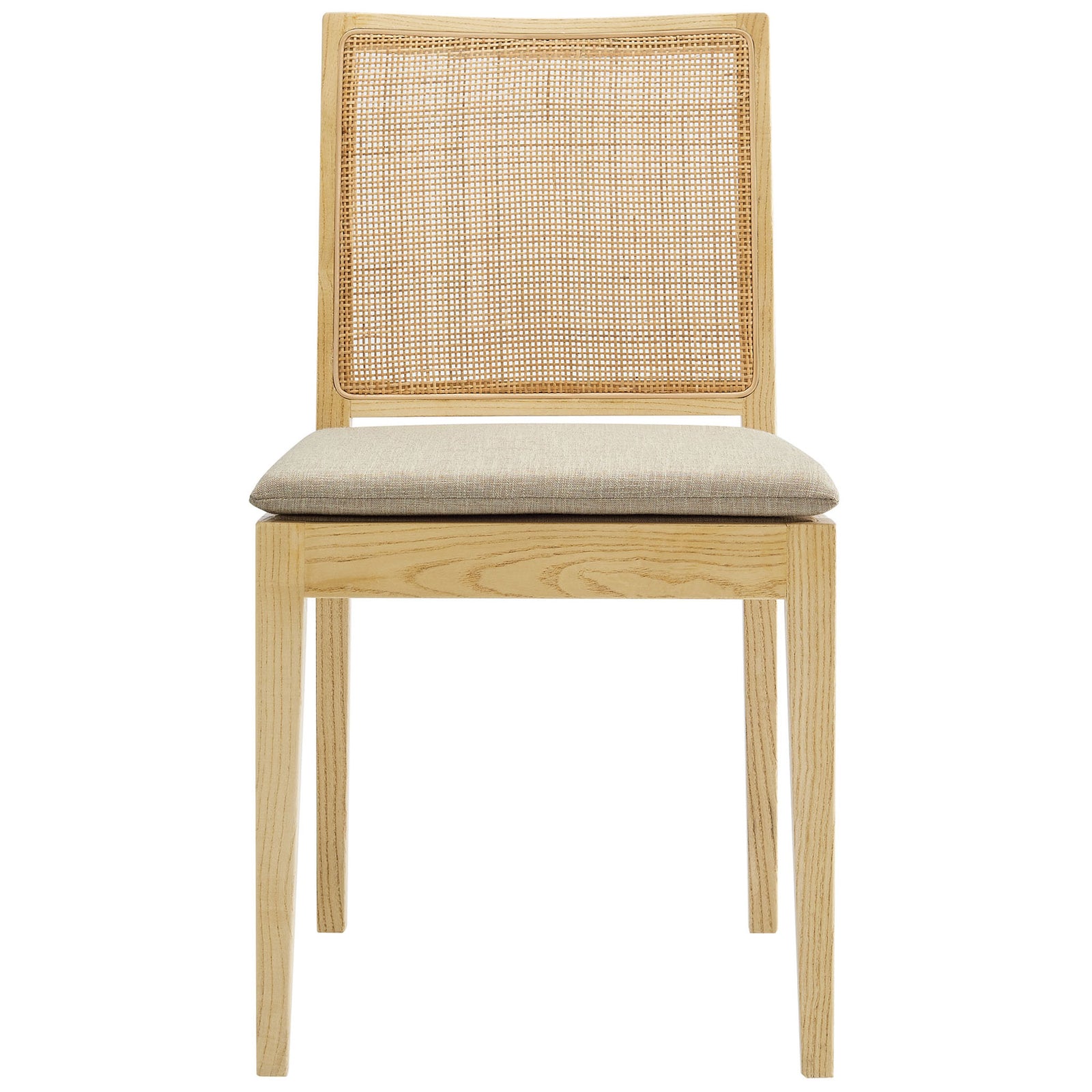 Modern farmhouse dining chair with square rattan back and soft neutral seat cushion for versatile seating || EEI-7288-NAT-BEI || front_studio