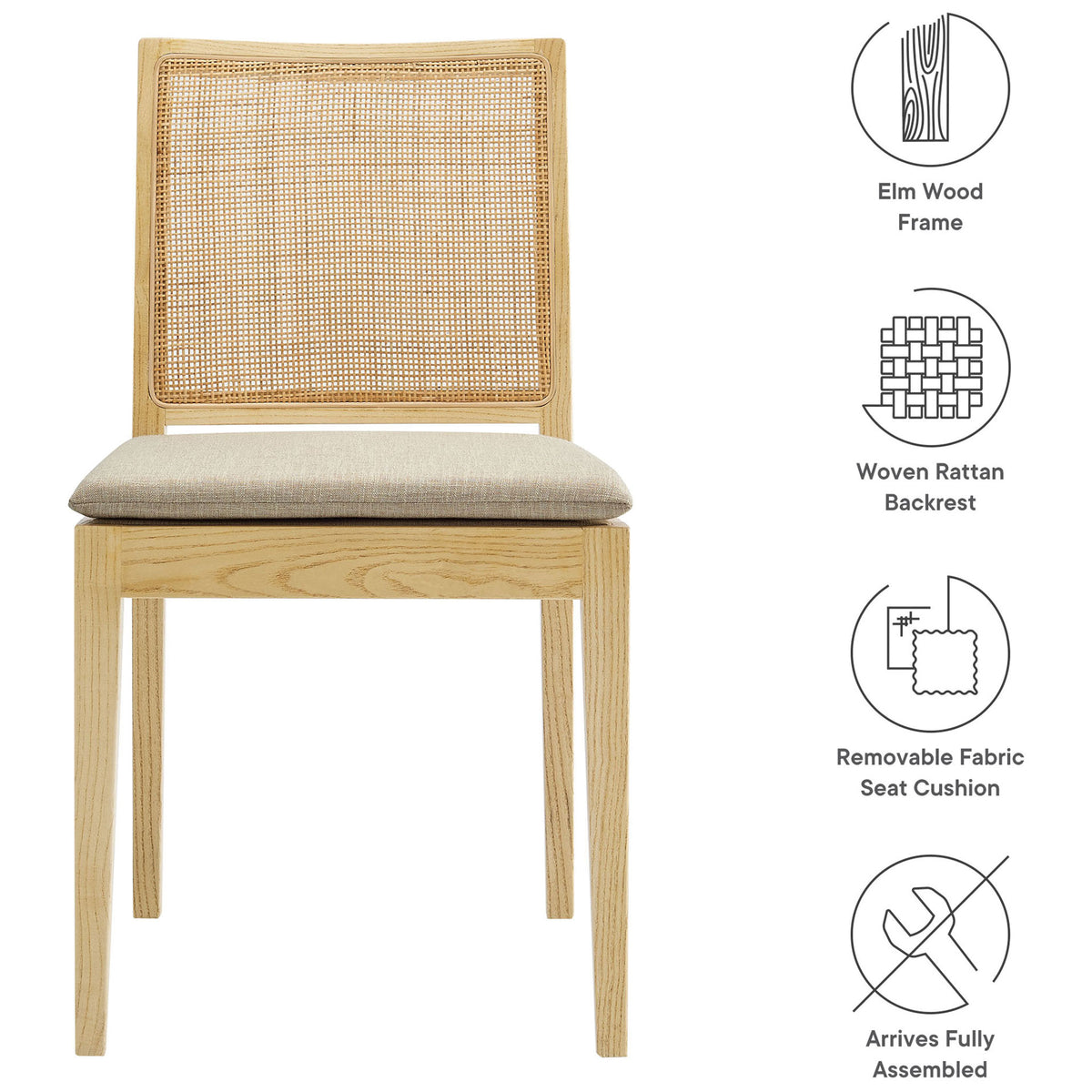 Ovard dining chair with icons highlighting its elm wood frame, woven rattan backrest, removable cushion, and easy setup || EEI-7288-NAT-BEI || callout_studio