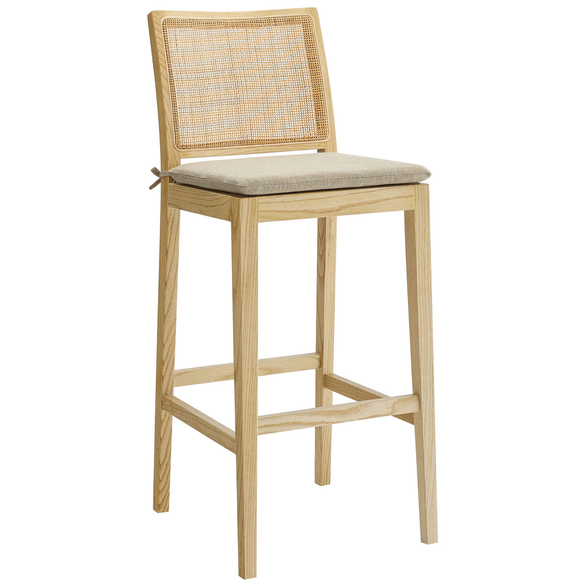Armless bar stool in natural elm with cane back and a supportive footrest. || EEI-7289-NAT-BEI || front_angle_studio