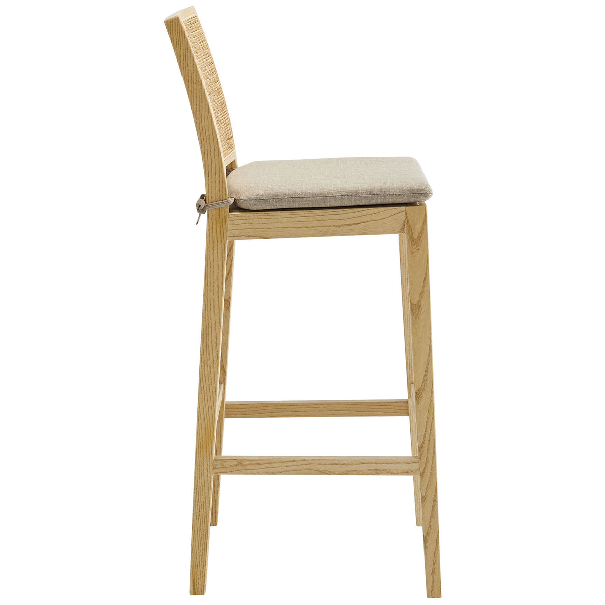 Tall bar stool with slim silhouette, sturdy stretchers, and a removable padded cushion. || EEI-7289-NAT-BEI || side_studio