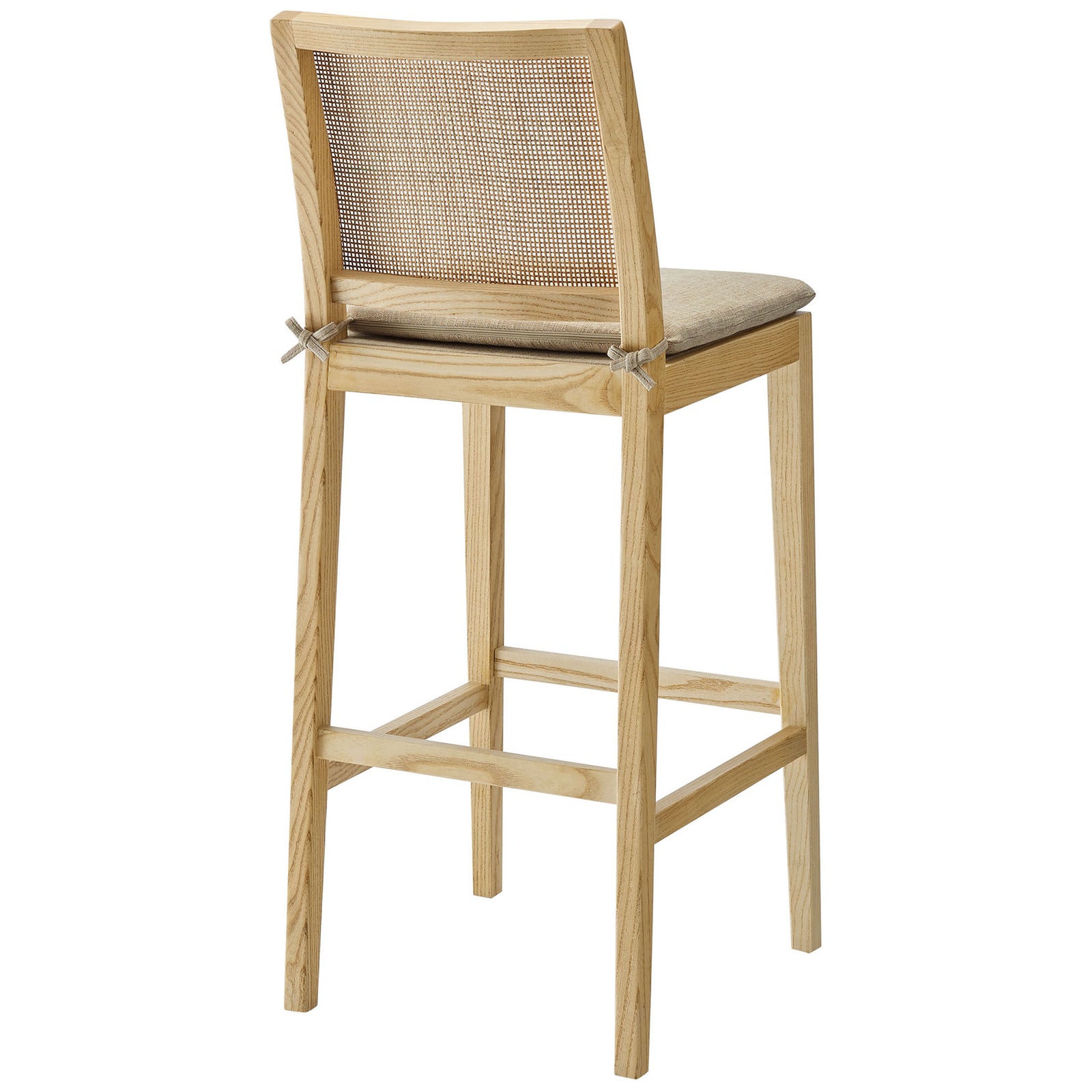 Curved rattan backrest and tidy cushion ties lend texture and charm to this bar stool. || EEI-7289-NAT-BEI || back_angle_studio