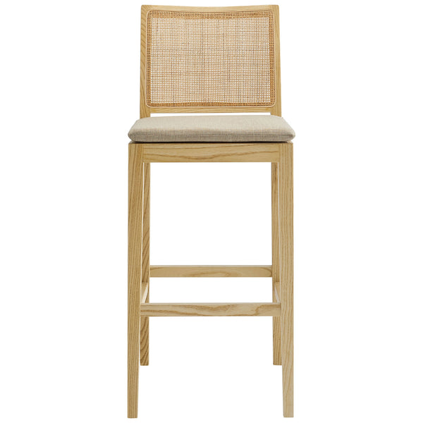 Natural wood bar stool with woven rattan back and tied cushion for elevated, everyday comfort. || EEI-7289-NAT-BEI || front_studio