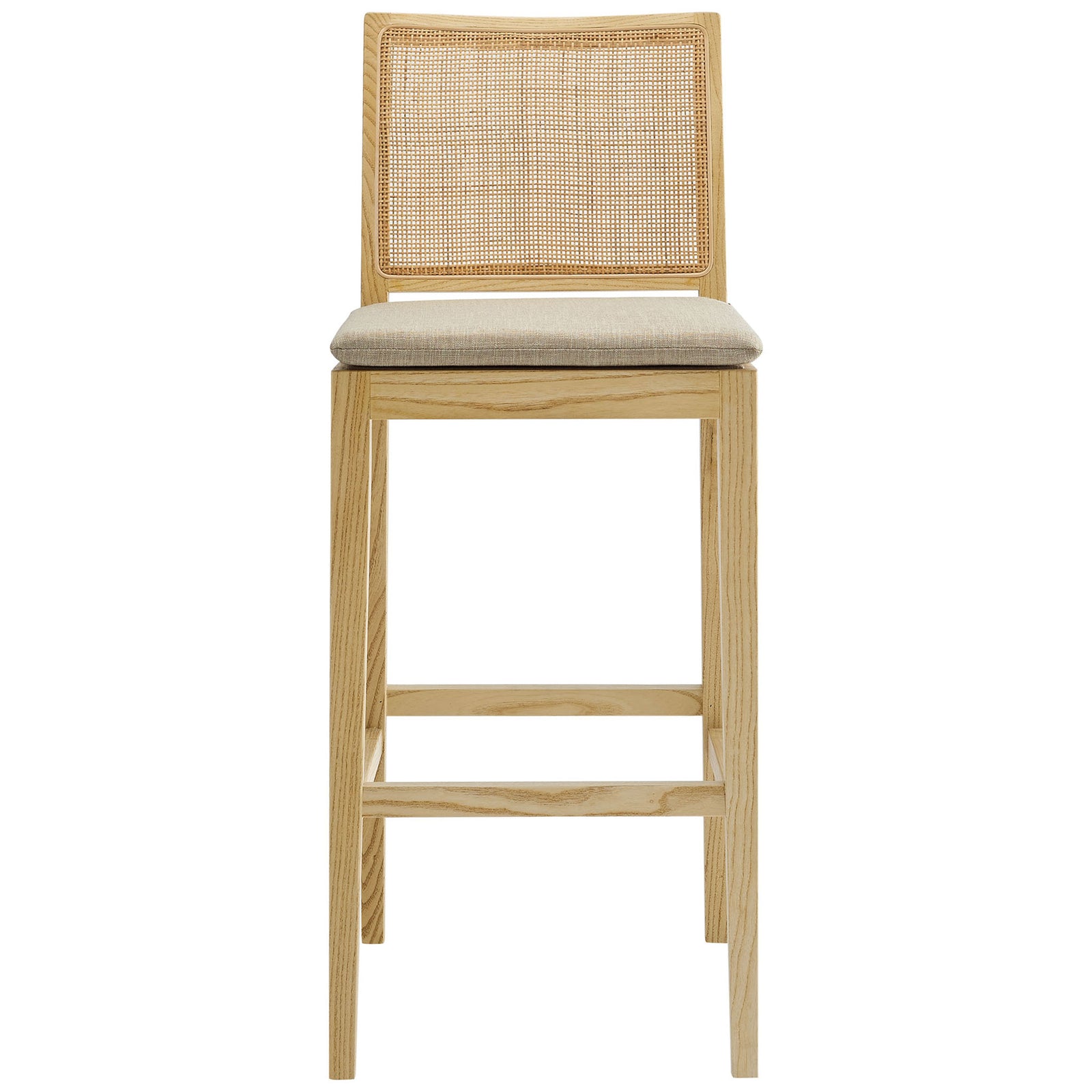 Natural wood bar stool with woven rattan back and tied cushion for elevated, everyday comfort. || EEI-7289-NAT-BEI || front_studio