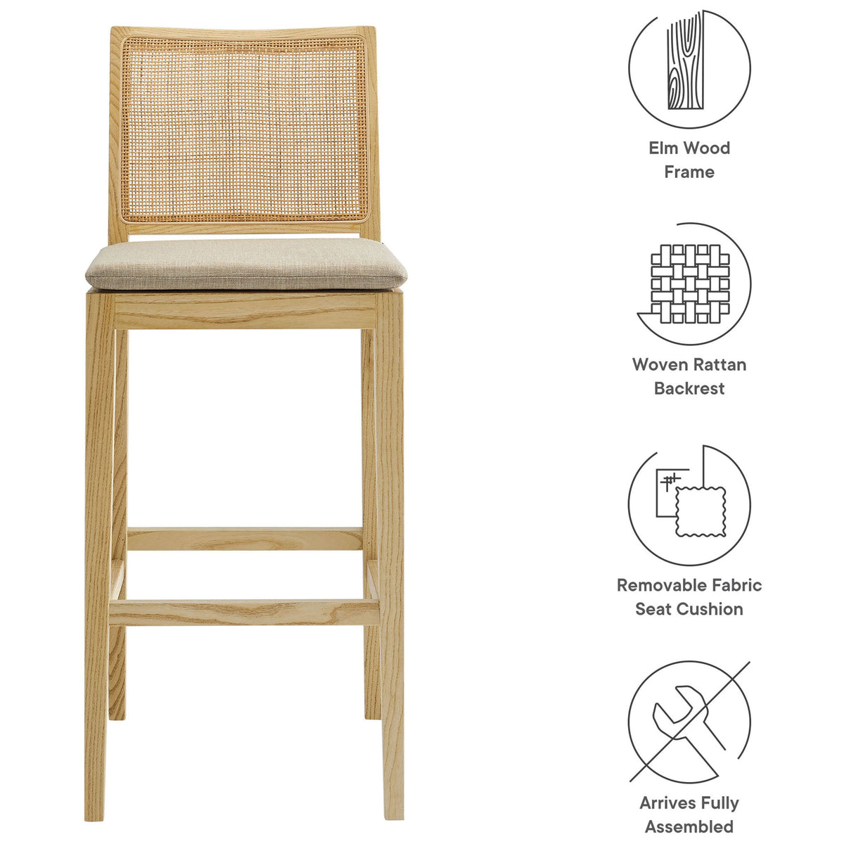 Elm wood frame, woven rattan back, and removable cushion for breezy, modern farmhouse appeal. || EEI-7289-NAT-BEI || callout_studio